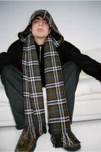 Model wearing Check Cashmere Hooded Scarf in Snug