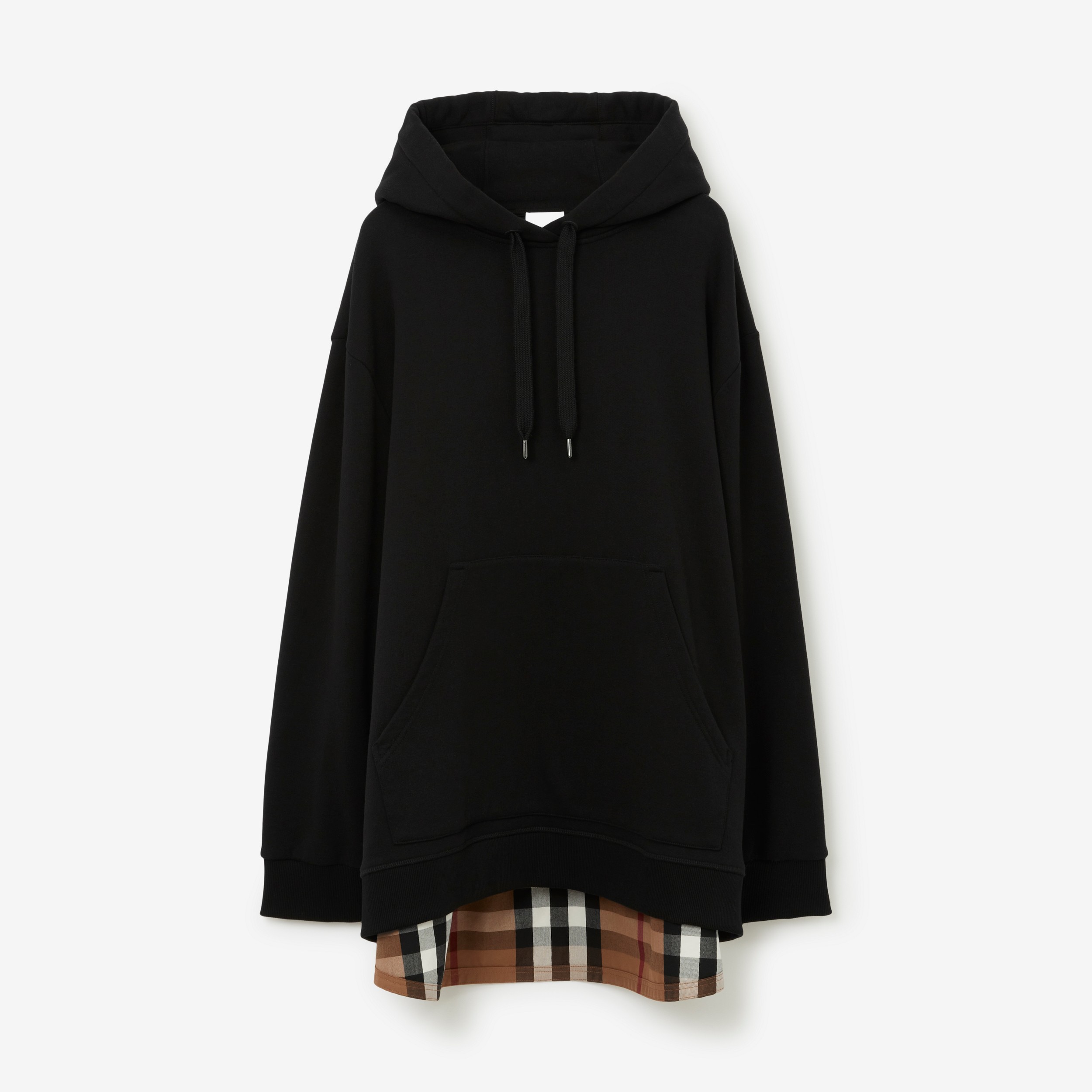 Check Panel Cotton Oversized Hoodie in Black - Women | Burberry® Official - 1