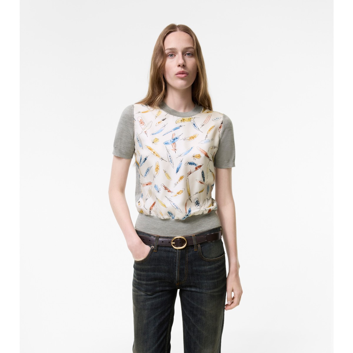  Feather Print Panel Wool Silk T-shirt
