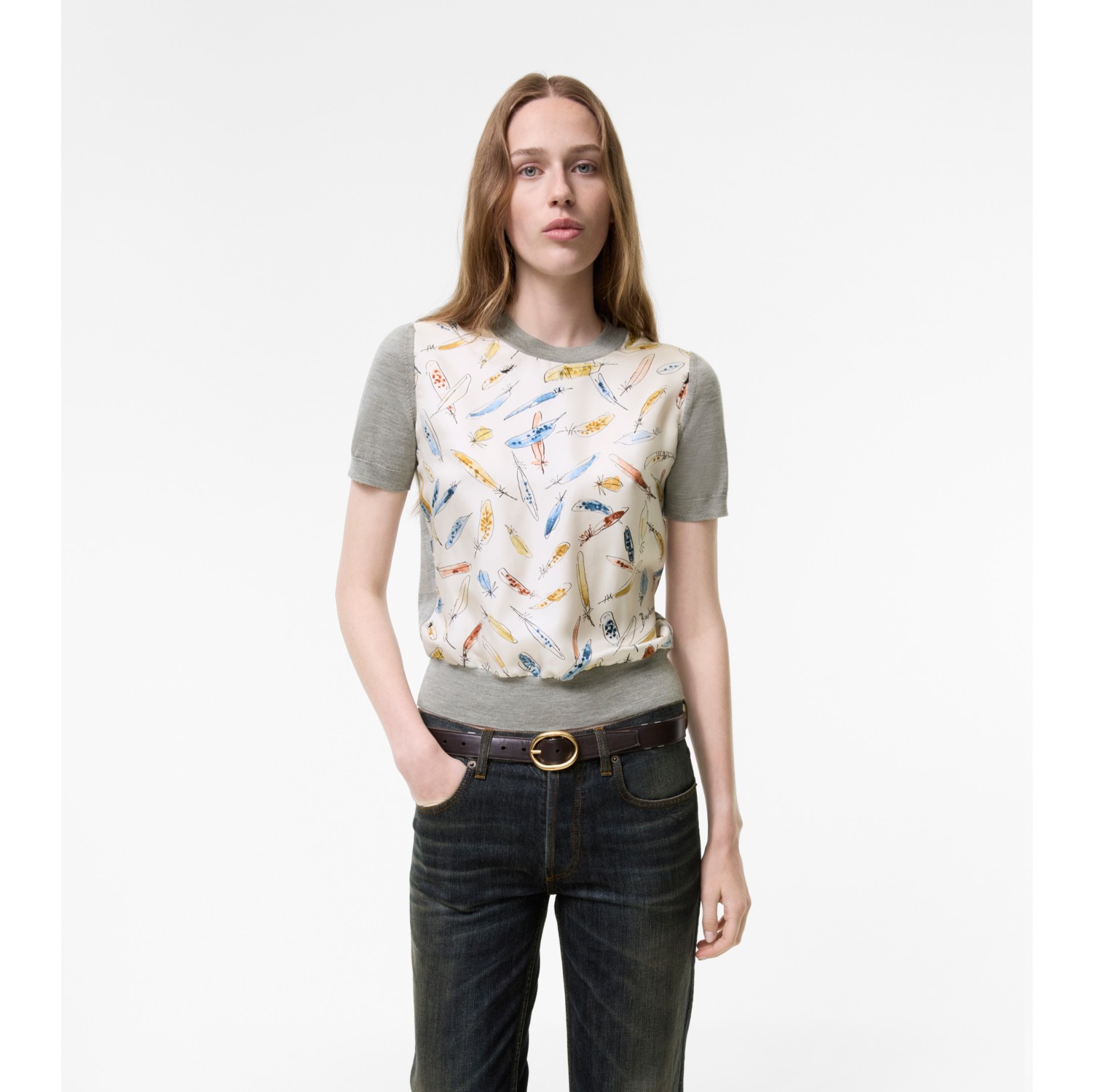 Feather Print Panel Wool Silk T-shirt