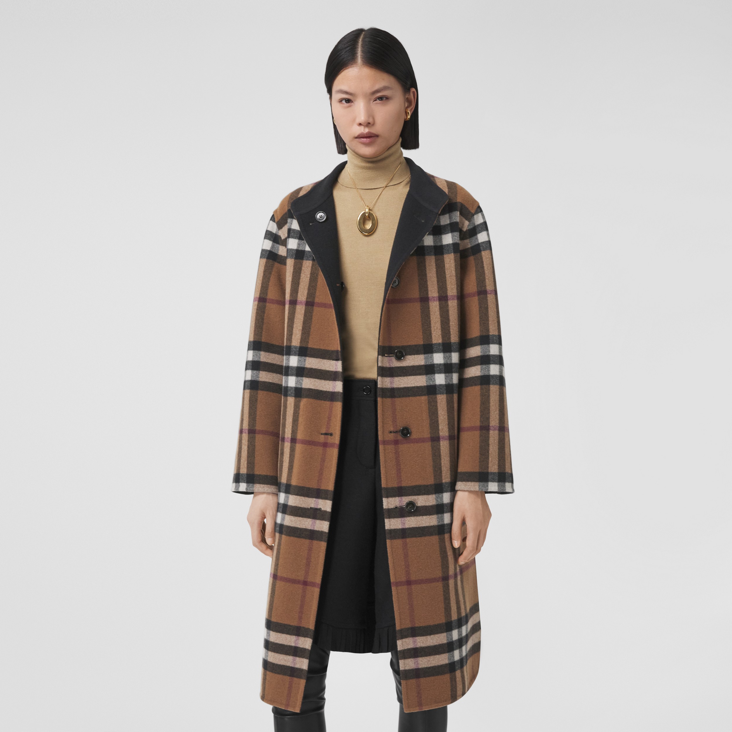 Reversible Check Wool Coat in Birch Brown - Women | Burberry® Official - 3