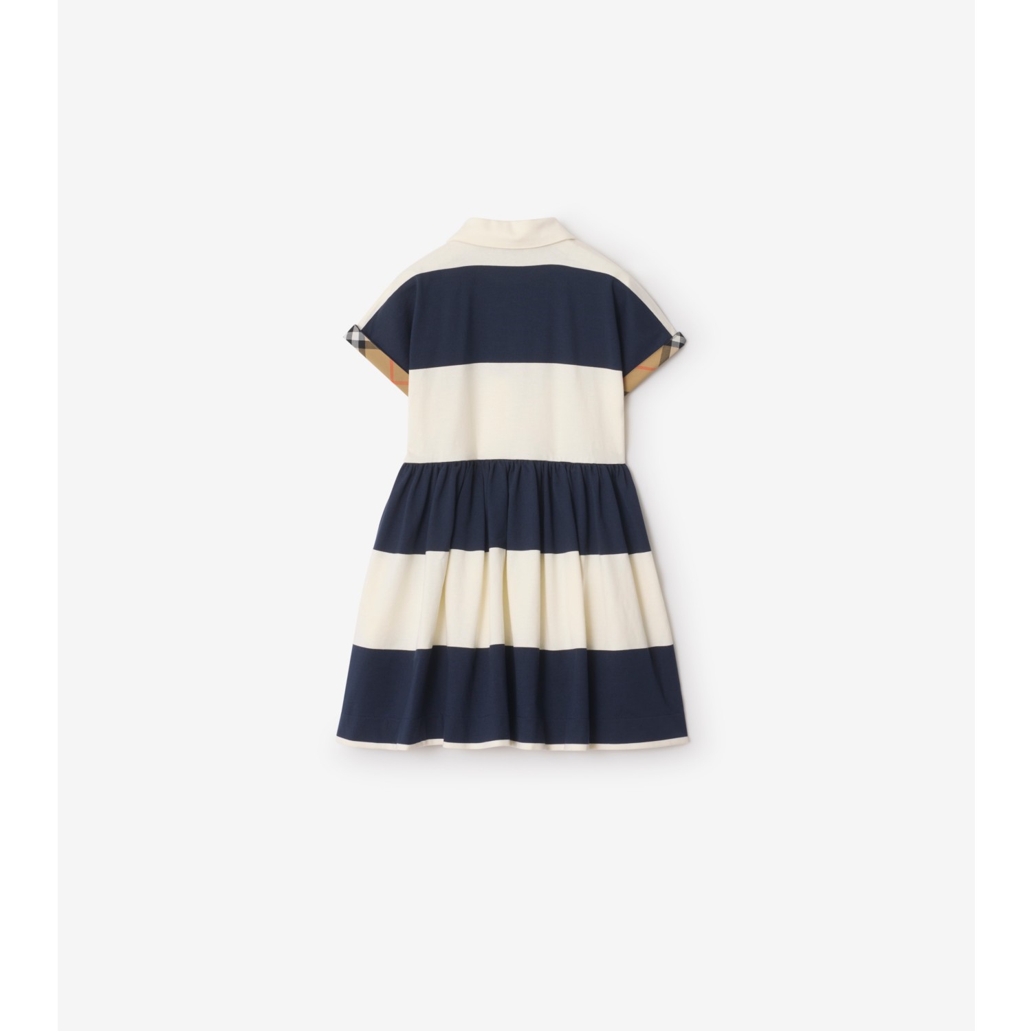 Check Trim Striped Cotton Shirt Dress