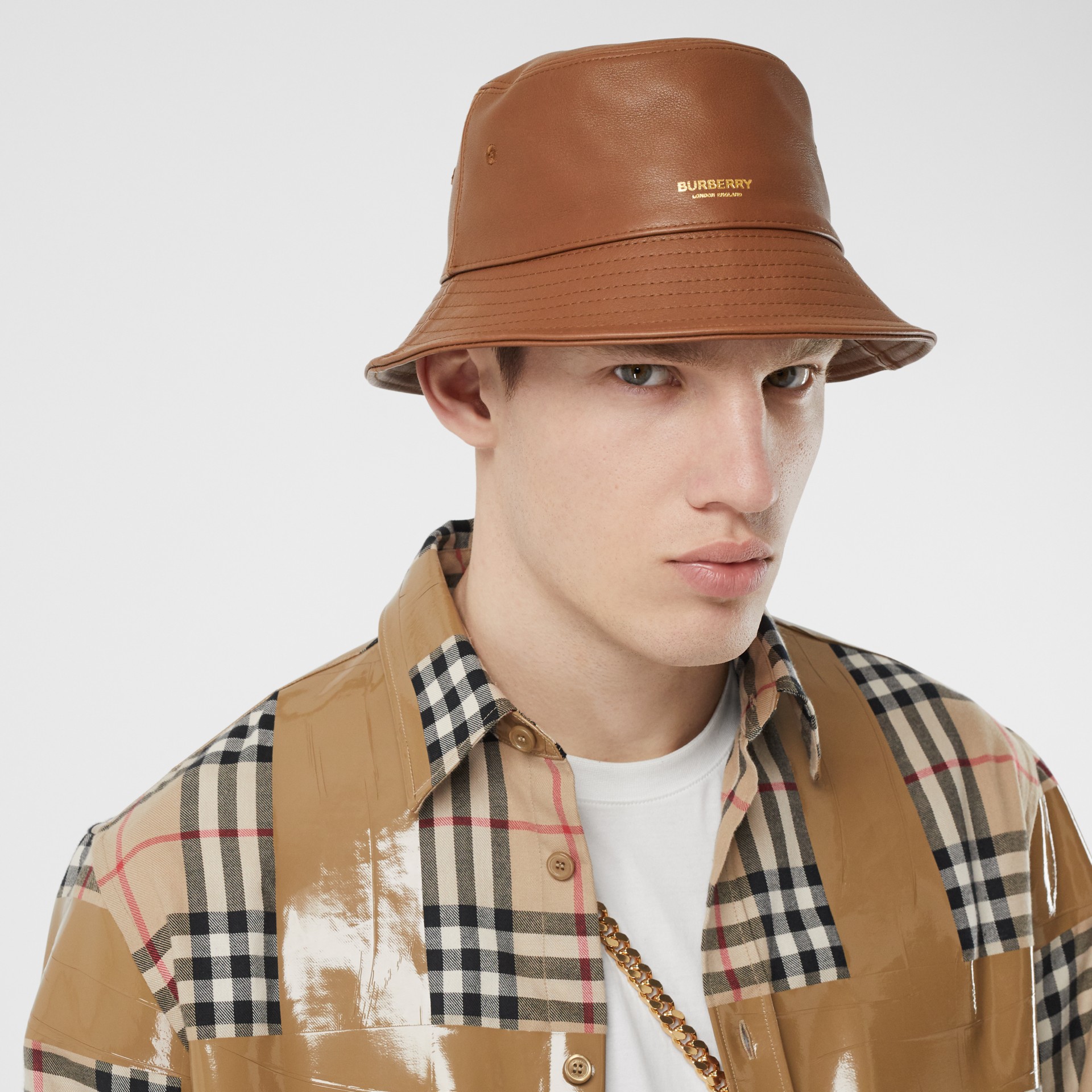Logo Detail Leather Bucket Hat in Tan | Burberry United States