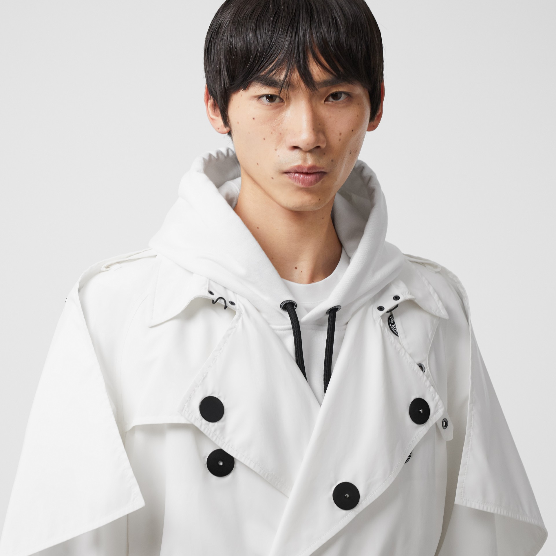 Cape Detail Technical Faille Reconstructed Trench Coat in Optic White ...