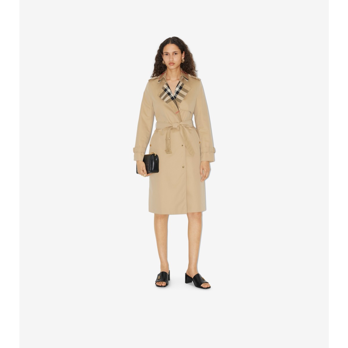 Check Long Collar Gabardine Trench Coat