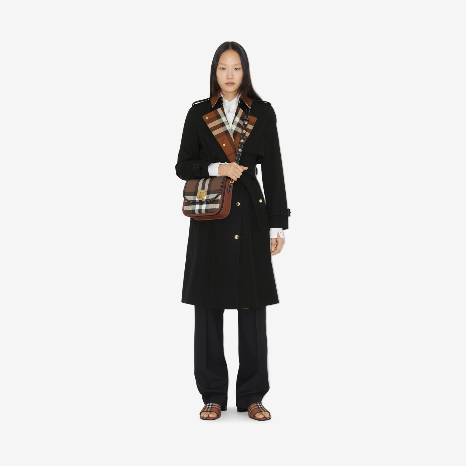 Bolsa Elizabeth em couro com estampa xadrez - Média (Marrom Bétula Escuro) - Mulheres | Burberry® oficial