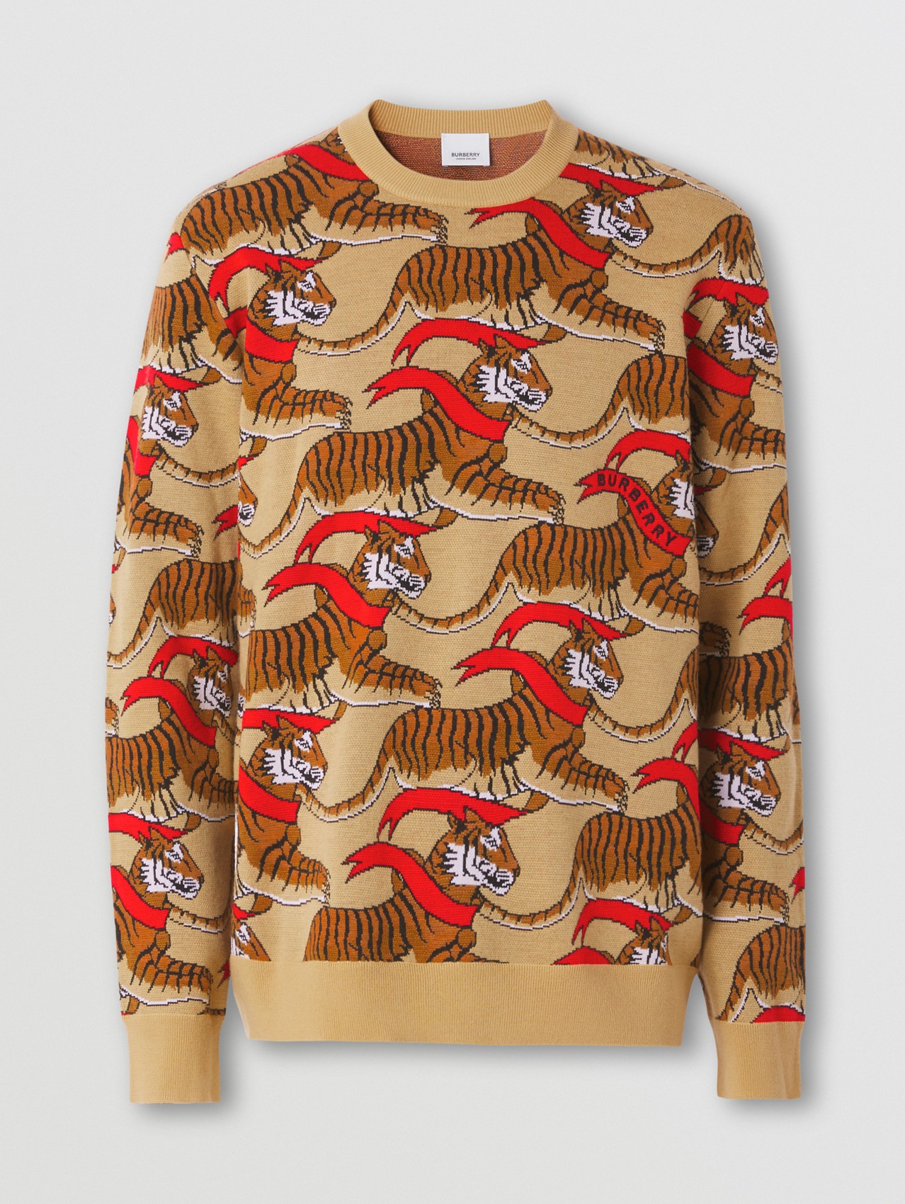 Tiger Graphic Technical Wool Jacquard Sweater in Honey Beige