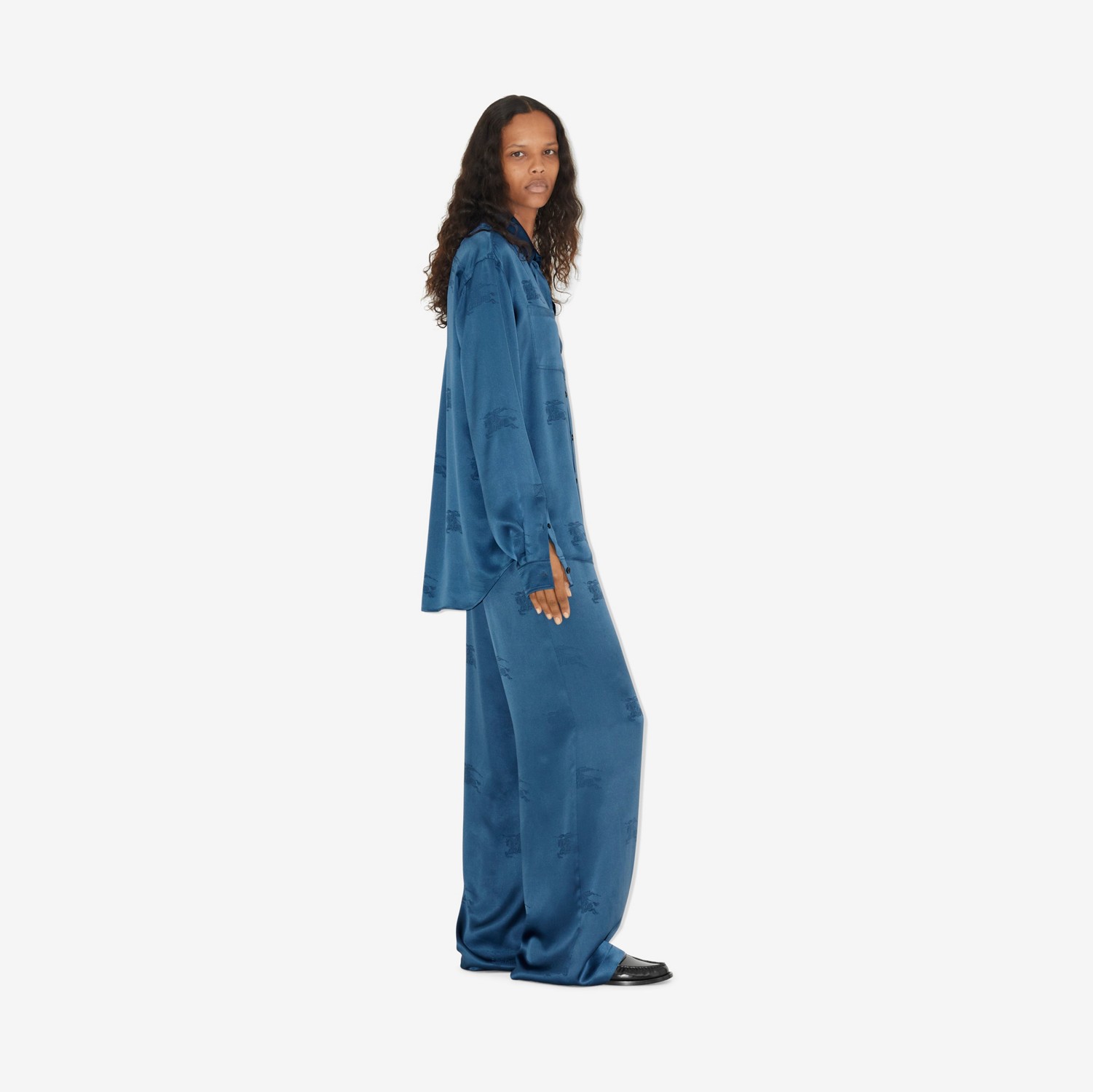 Calças estilo pantalona de seda com estampa Equestrian Knight em jacquard (Azul Marinho Suave) - Mulheres | Burberry® oficial