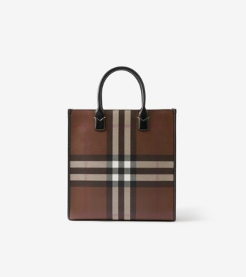 Burberry Check E-canvas Tote Bag In Brown