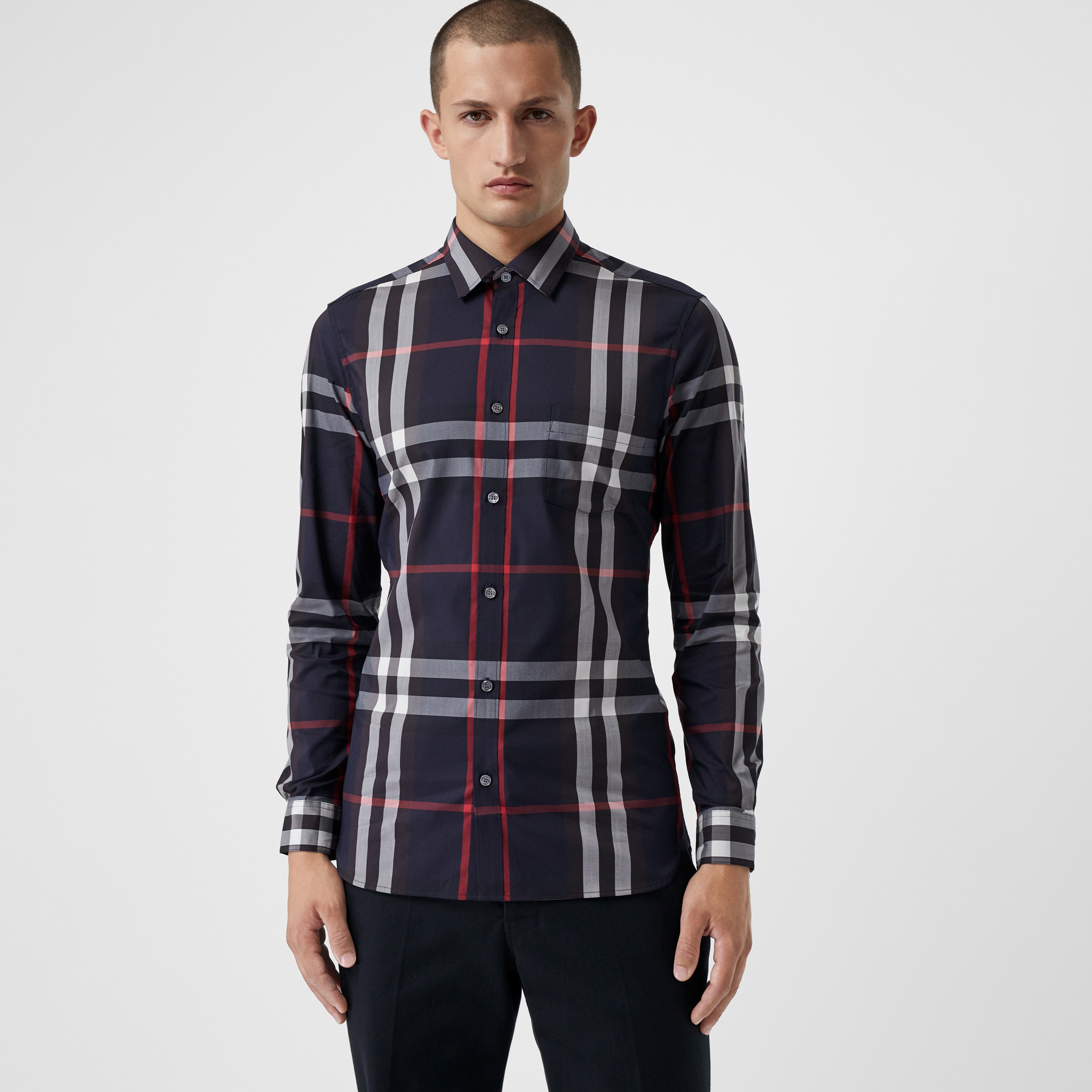 Check Stretch Cotton Shirt in Navy - Men | Burberry United States