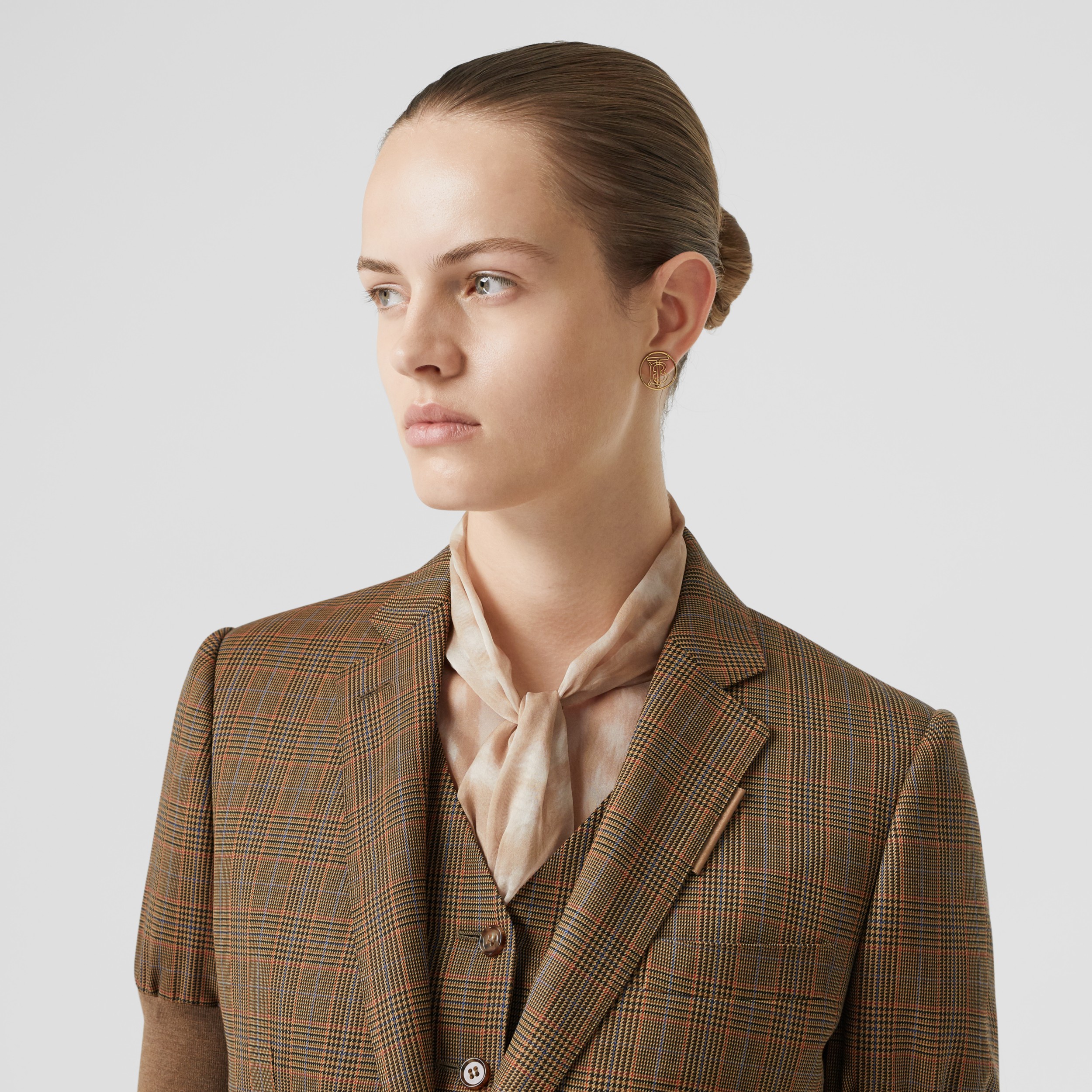 Knitted Sleeve Houndstooth Check Wool Tailored Jacket in Fawn Women