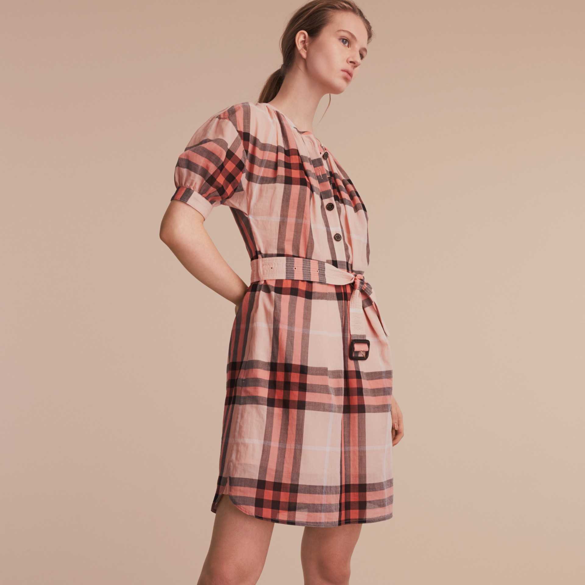 Short-sleeved Collarless Check Cotton Dress in Apricot - Women ...