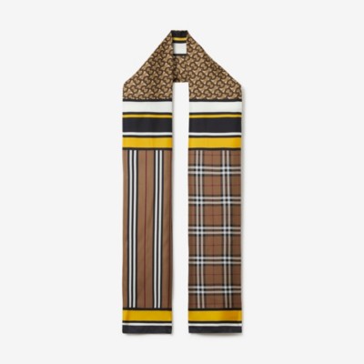 Burberry Monogram Icon Stripe and Check Print Silk Scarf - Brown