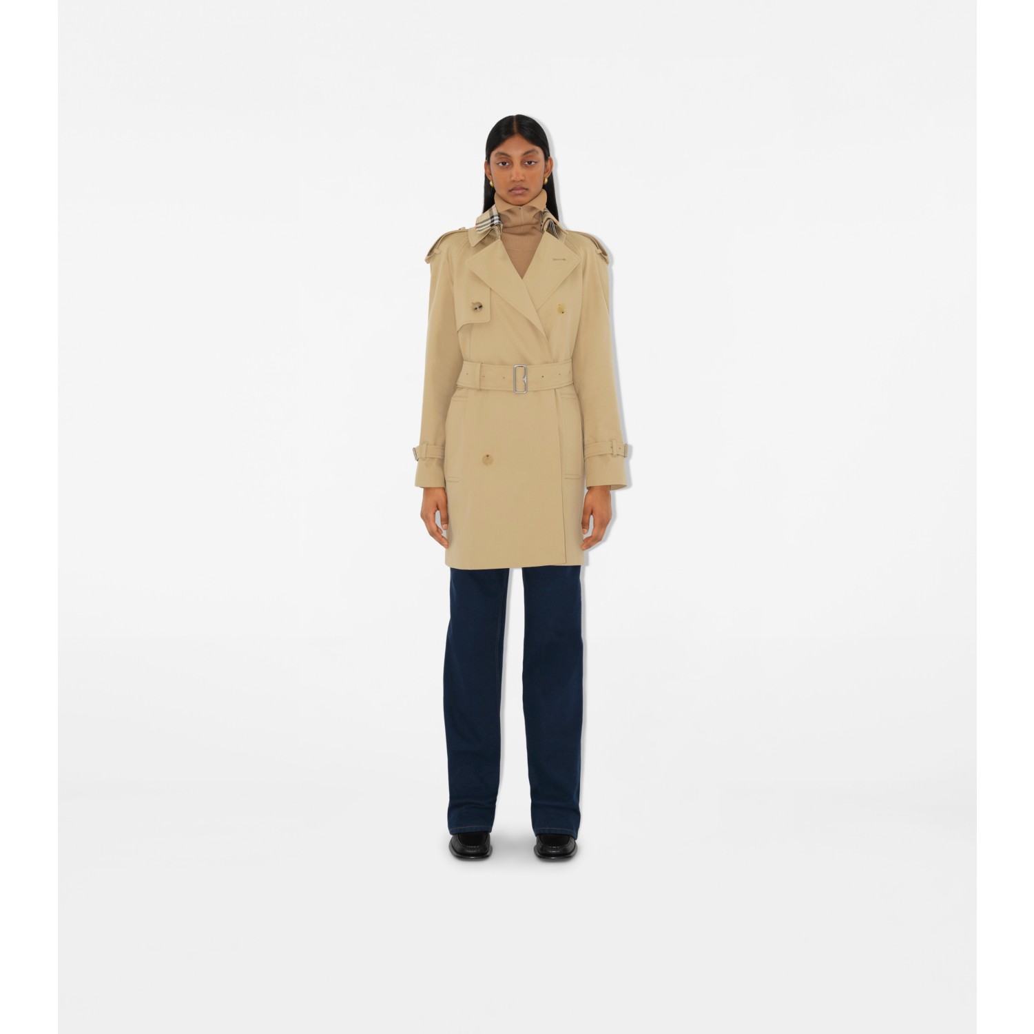 Short Detachable Collar Gabardine Trench Coat in Flax - Women, Cotton | Burberry® Official