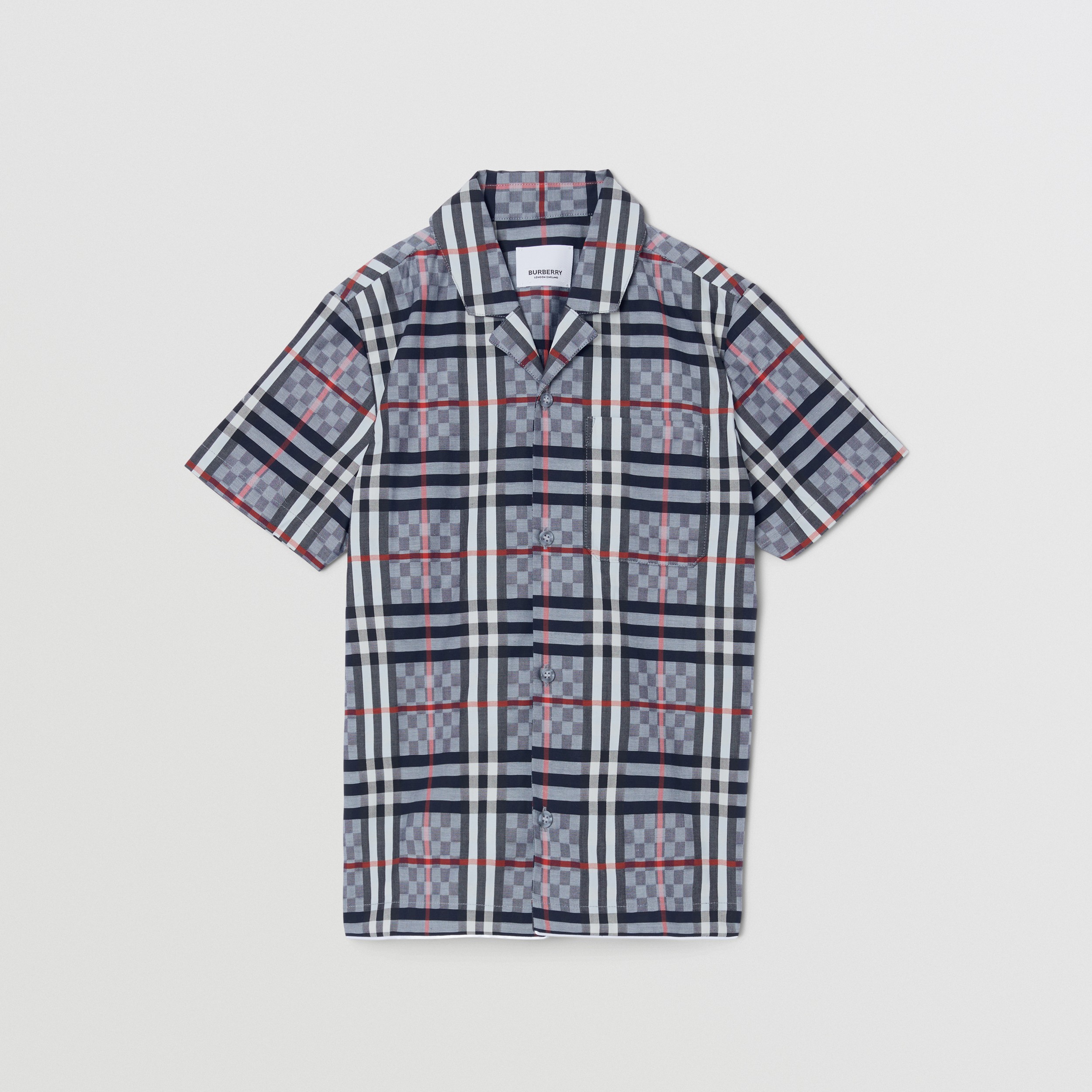Short-sleeve Chequerboard Stretch Cotton Shirt in Pale Blue | Burberry® Official - 1