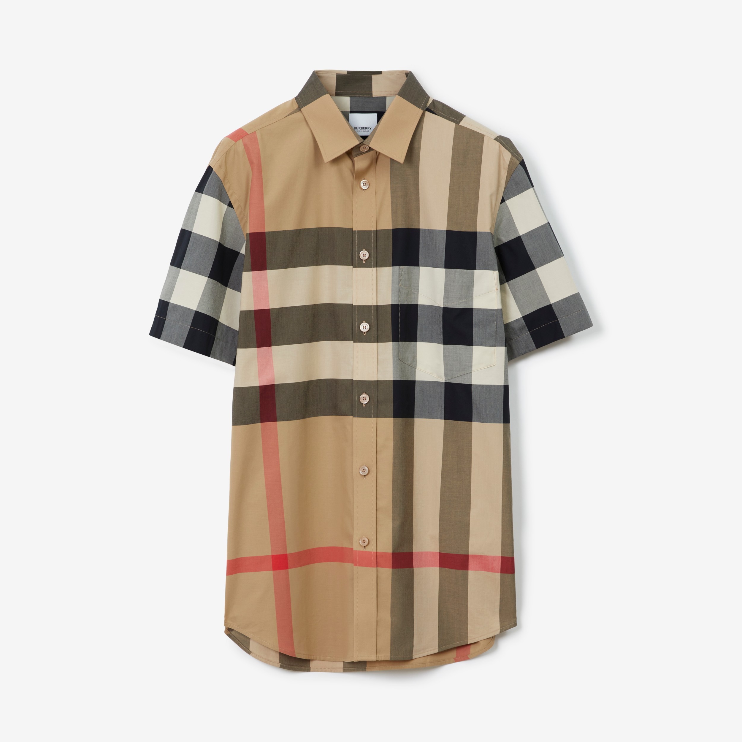 Camisa de manga corta en popelina de algodón elástico Check (Beige Vintage)  | Burberry® oficial