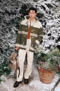 Shot of Footballer Son Heung-min wearing Burberry Duffle Coat holding a Burberry Check Backpack