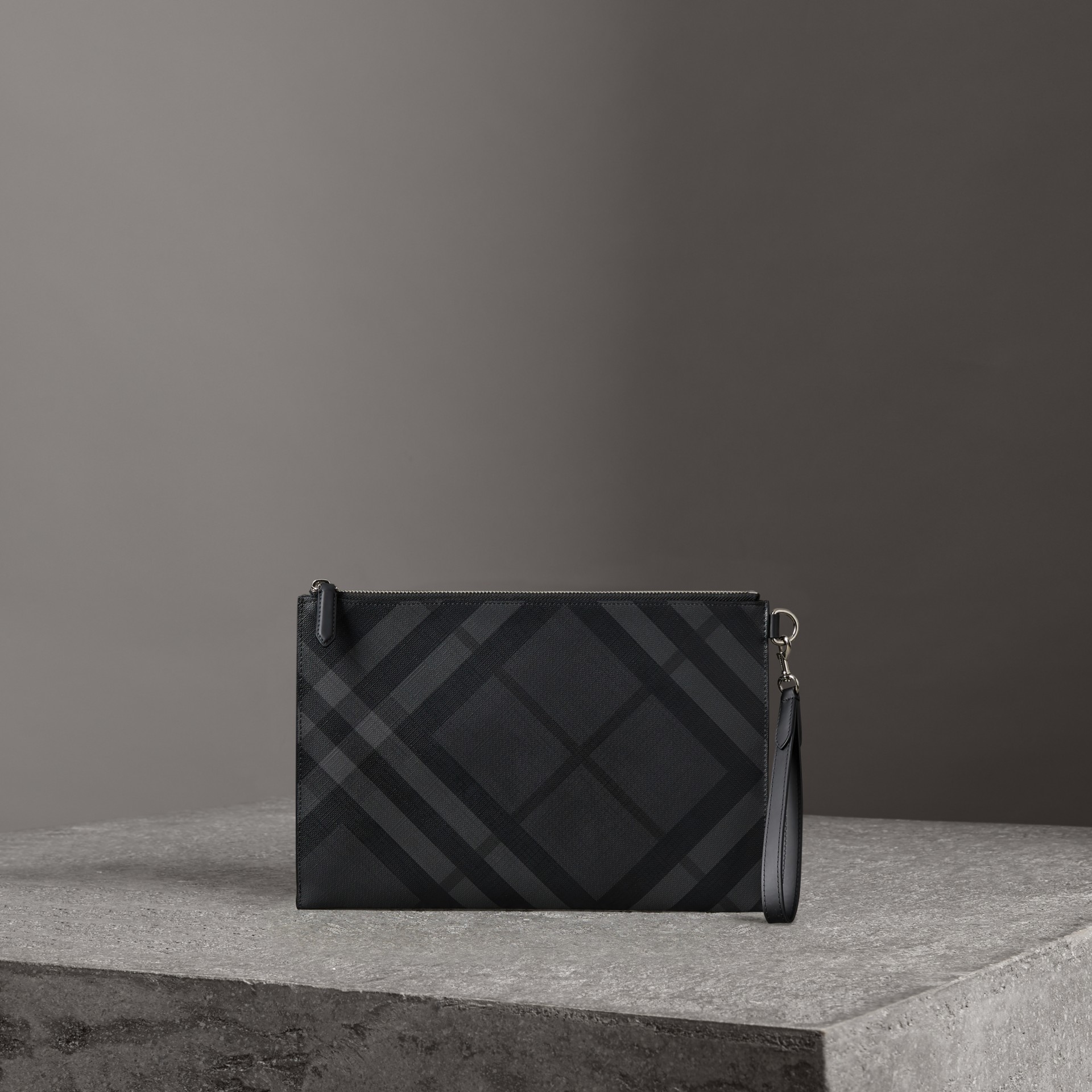 Burberry Check Zip Pouch In Charcoal/black