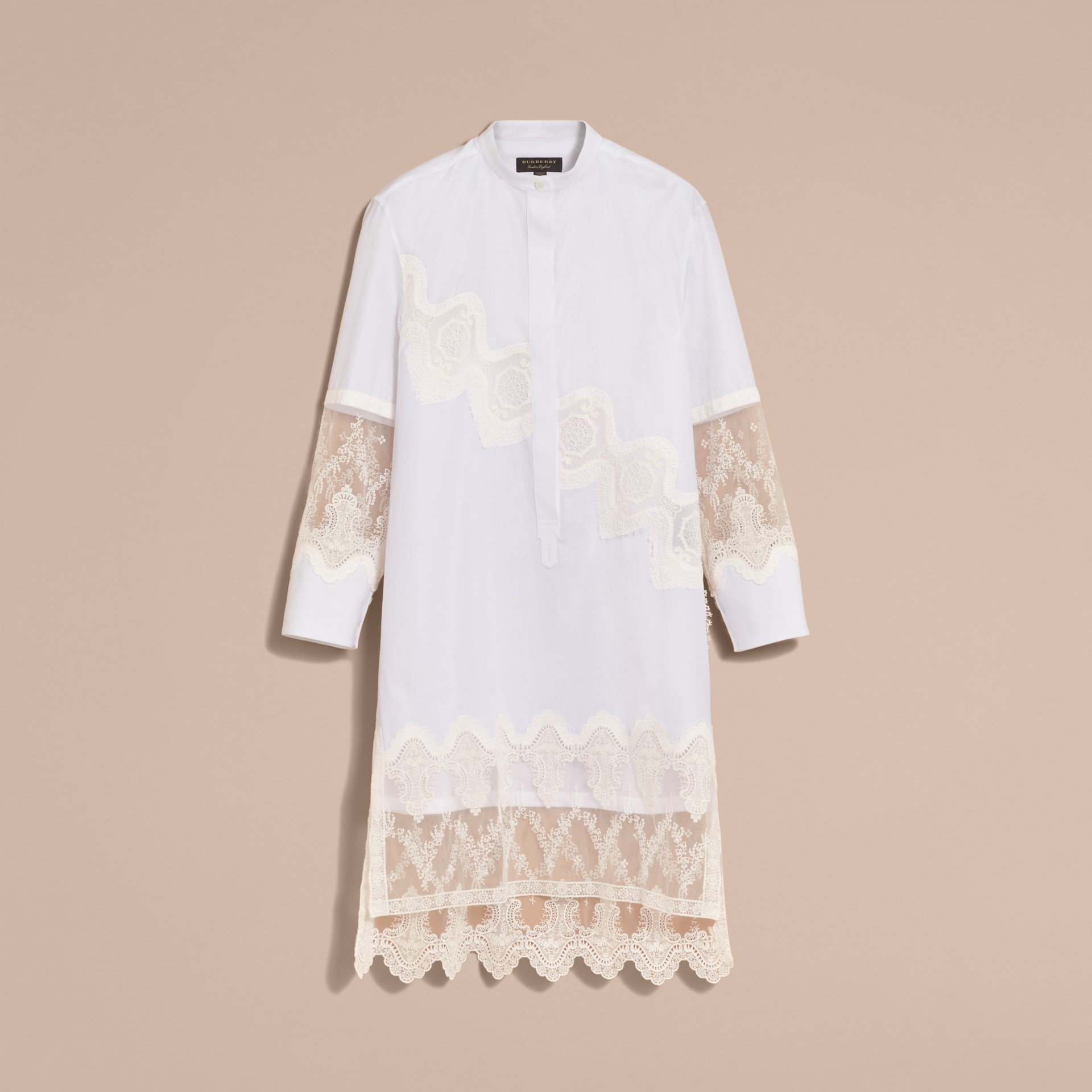 Lace Cutwork Cotton Shirt Dress in White Women Burberry United States