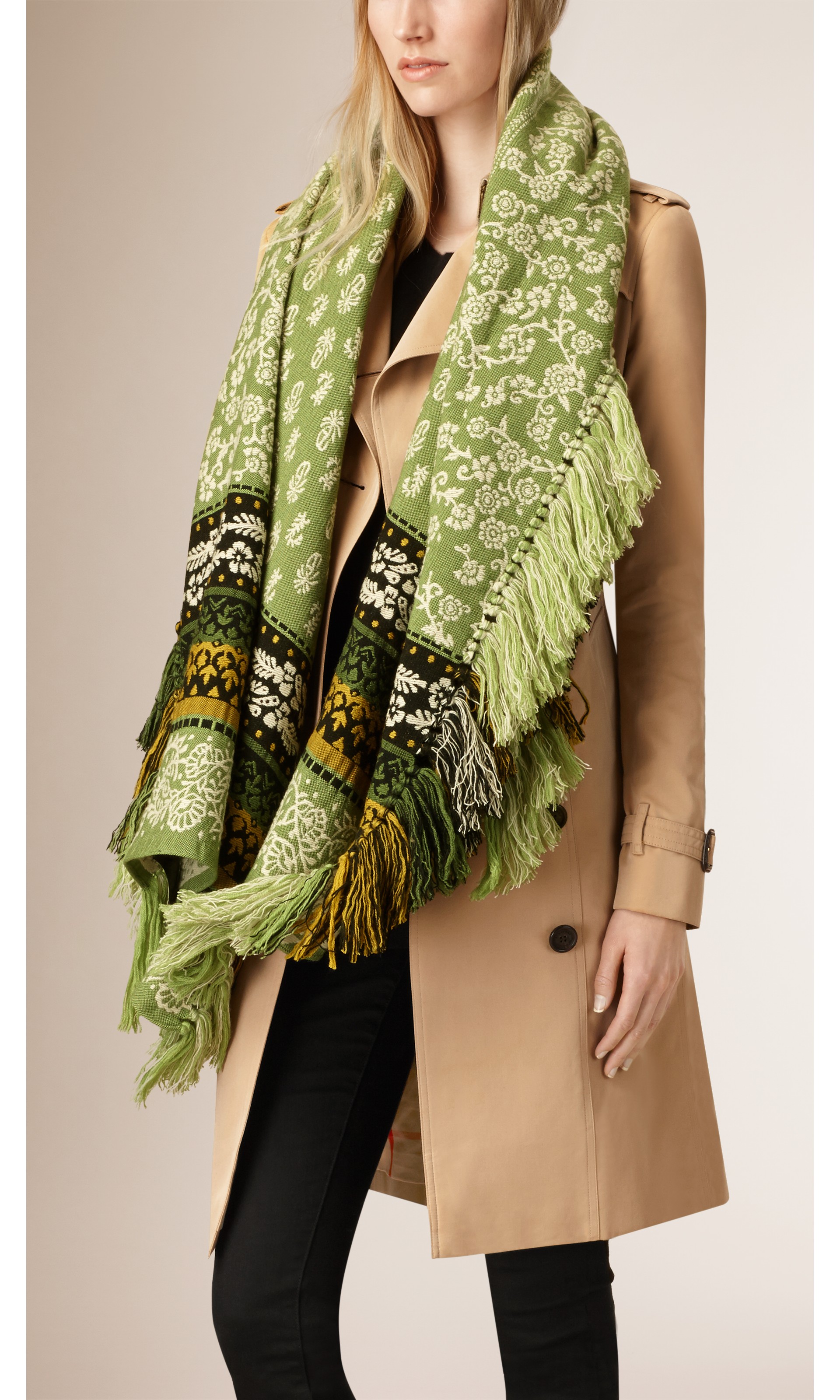 Floral Wool Cashmere Cotton Scarf in Powder Green Women Burberry