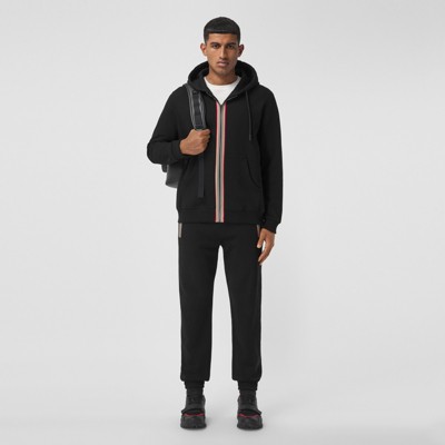 Icon Stripe Detail Cotton Hooded Top in Black - Men | Burberry 