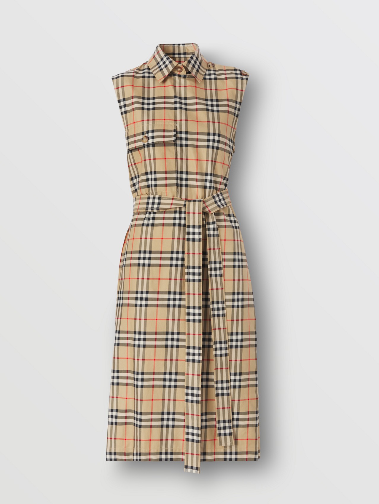Vintage Check Sleeveless Cotton Shirt Dress in Archive Beige