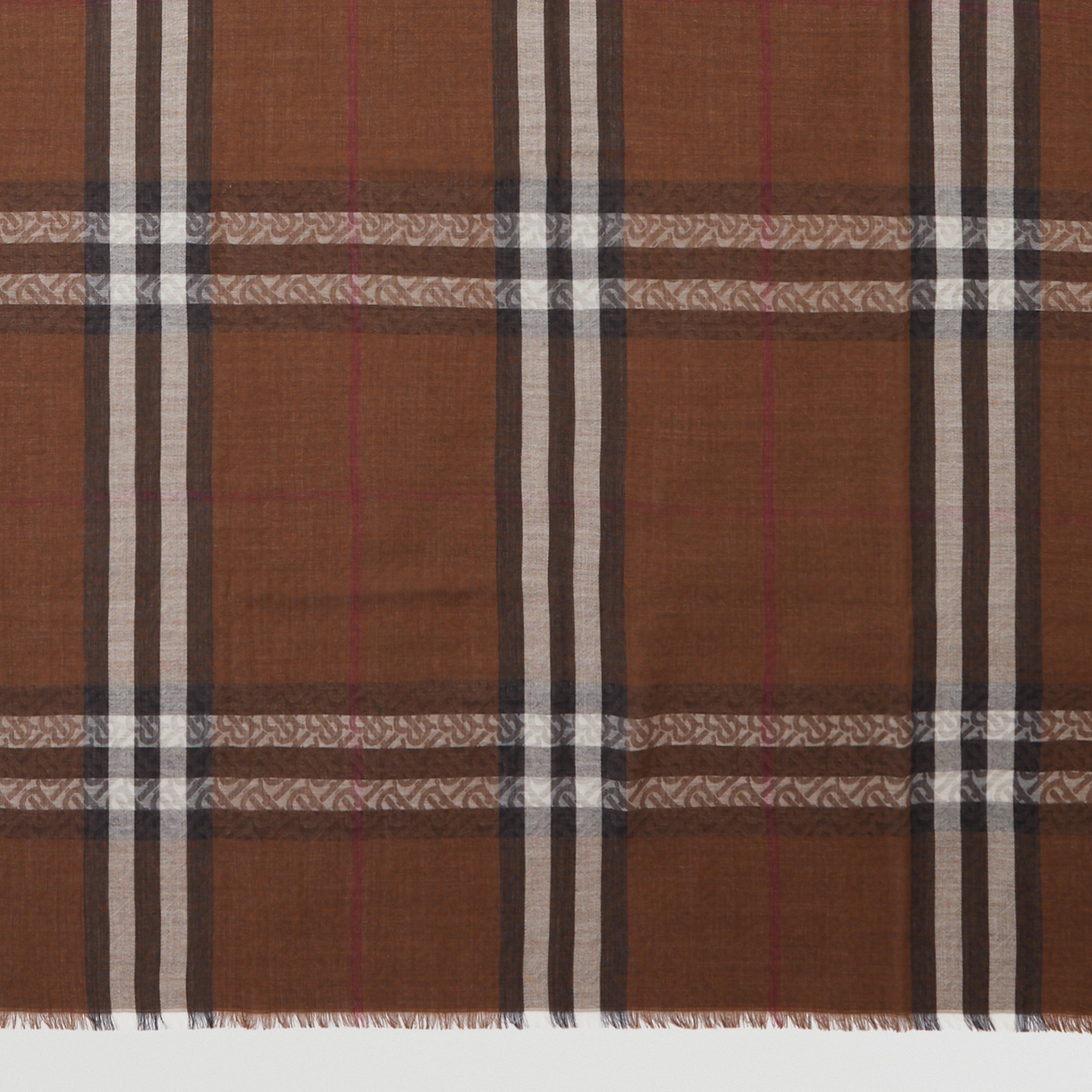 Lightweight Monogram and Check Wool Silk Scarf in Dark Birch Brown | Burberry® Official - 2