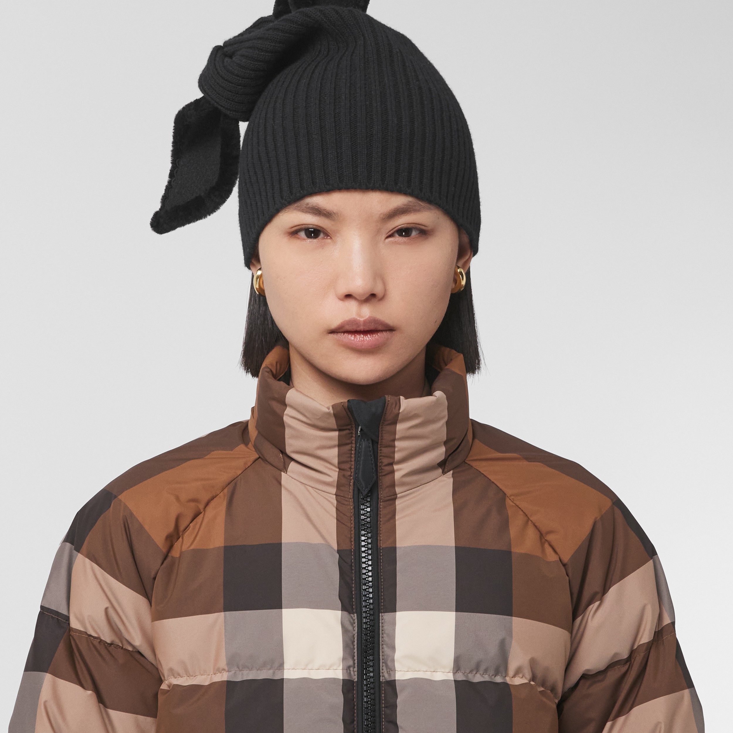 Detachable Hood Check Puffer Jacket in Dark Birch Brown Women