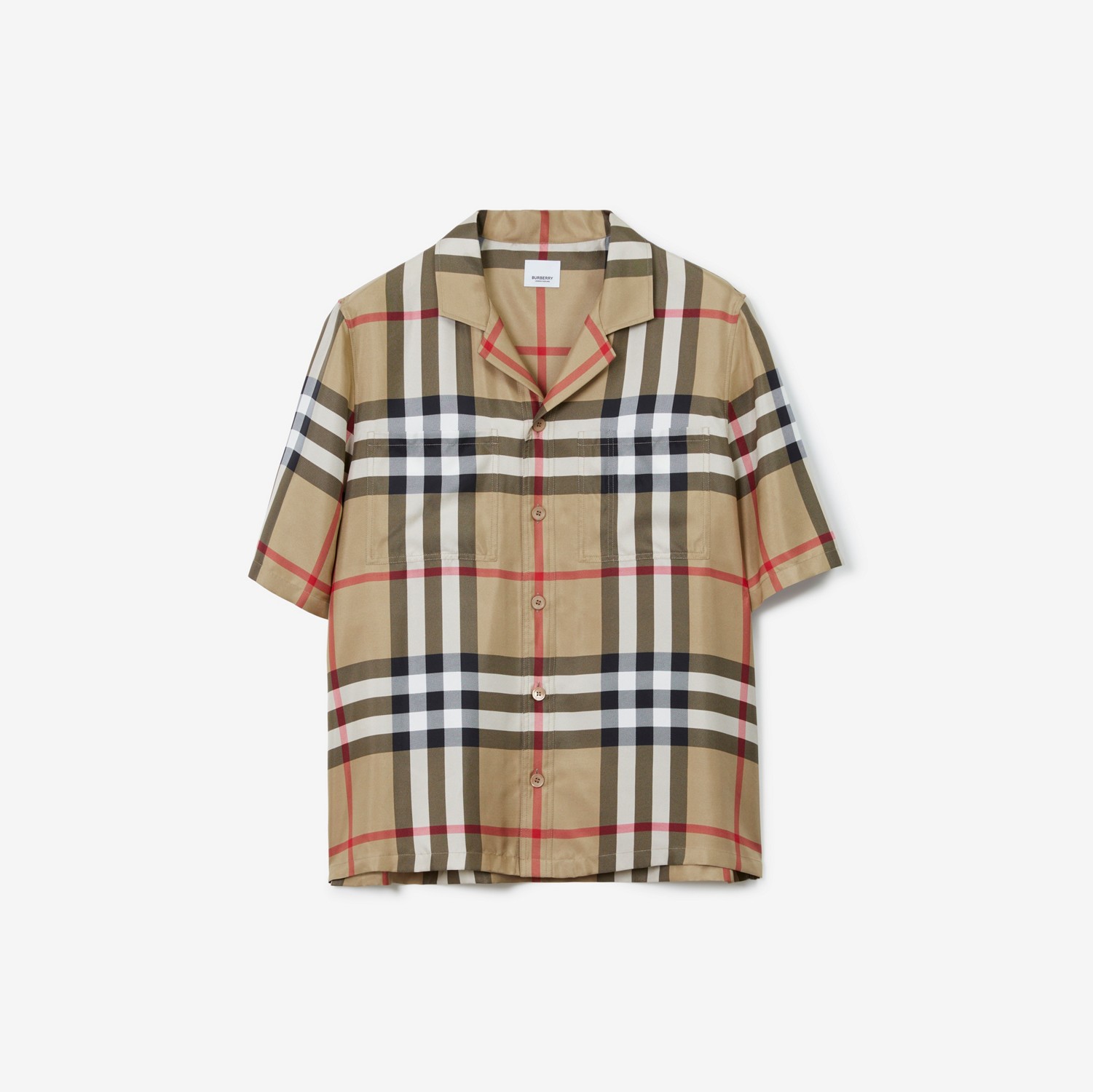 Camisa de seda Check com mangas curtas (Bege Clássico) - Homens | Burberry® oficial