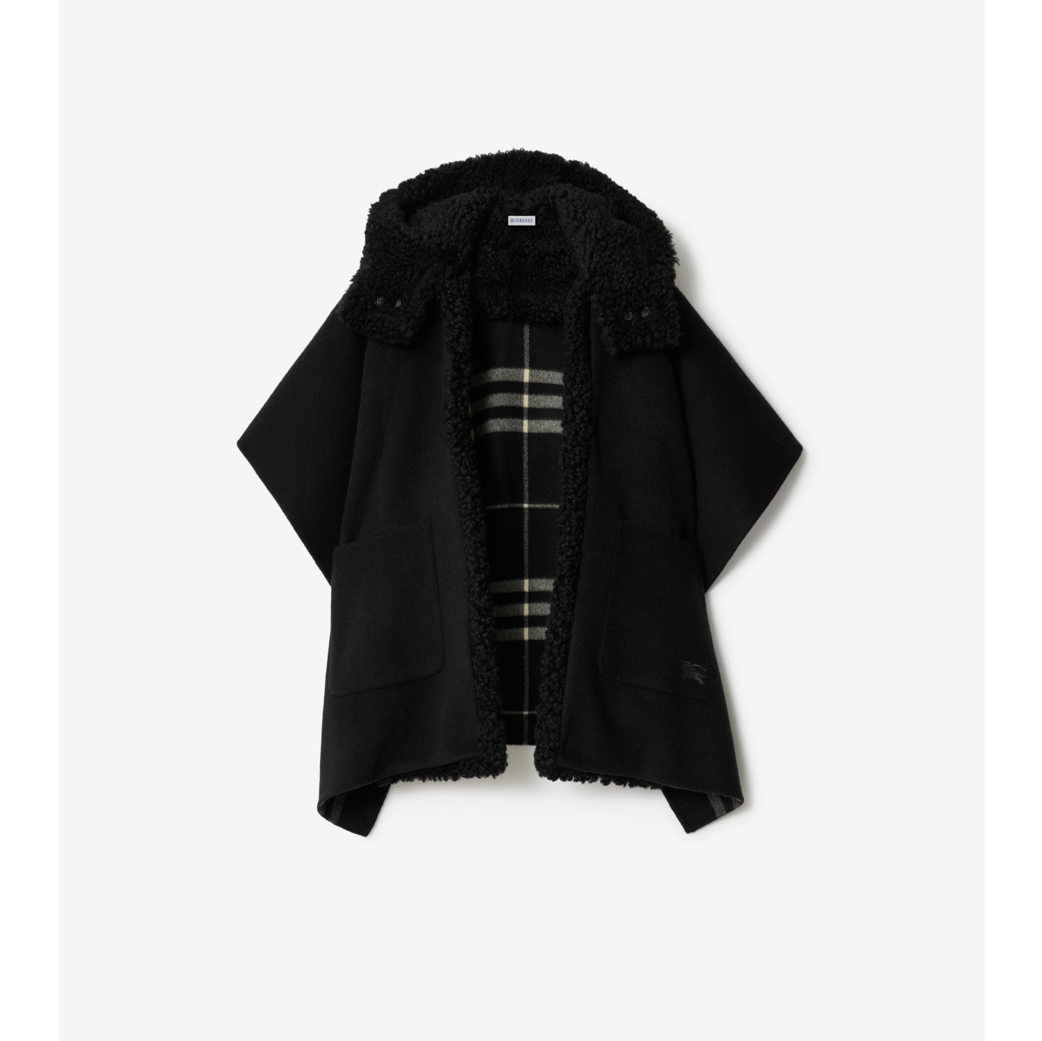Reversible Shearling Trim Check Cashmere Cape