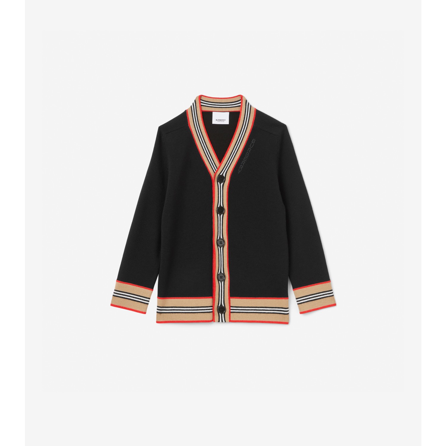 Icon Stripe Trim Wool Cardigan in Black | Burberry® Official