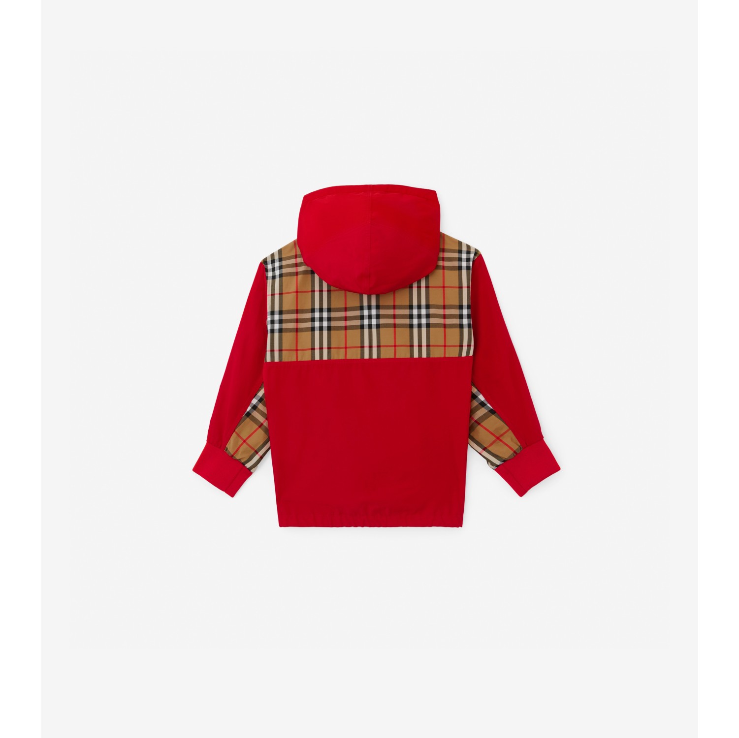 Check Panel Cotton Blend Hooded Jacket in Bright Red Children Burberry Official