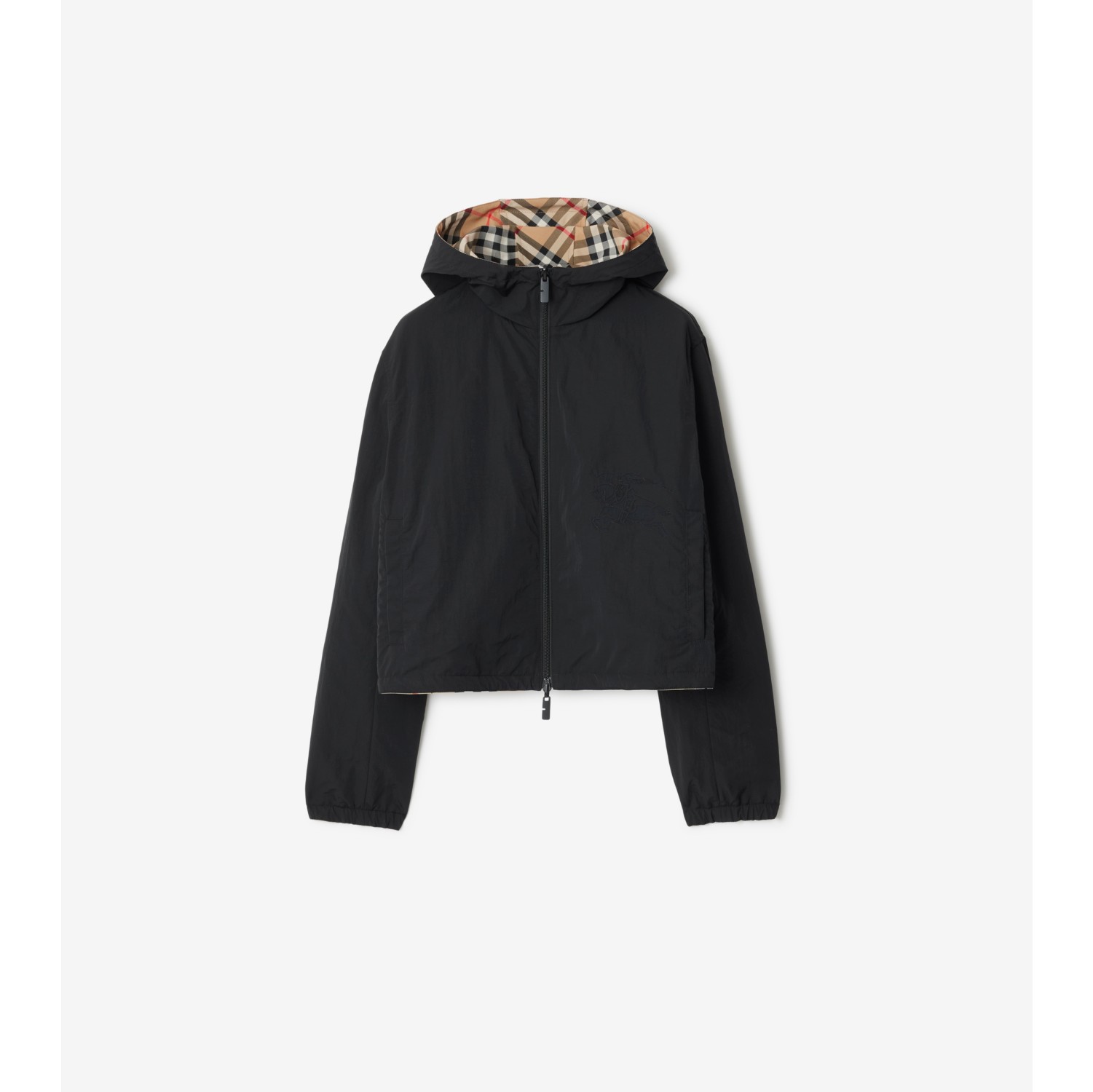 Cropped Reversible Check Hooded Jacket in Sand beige - Women