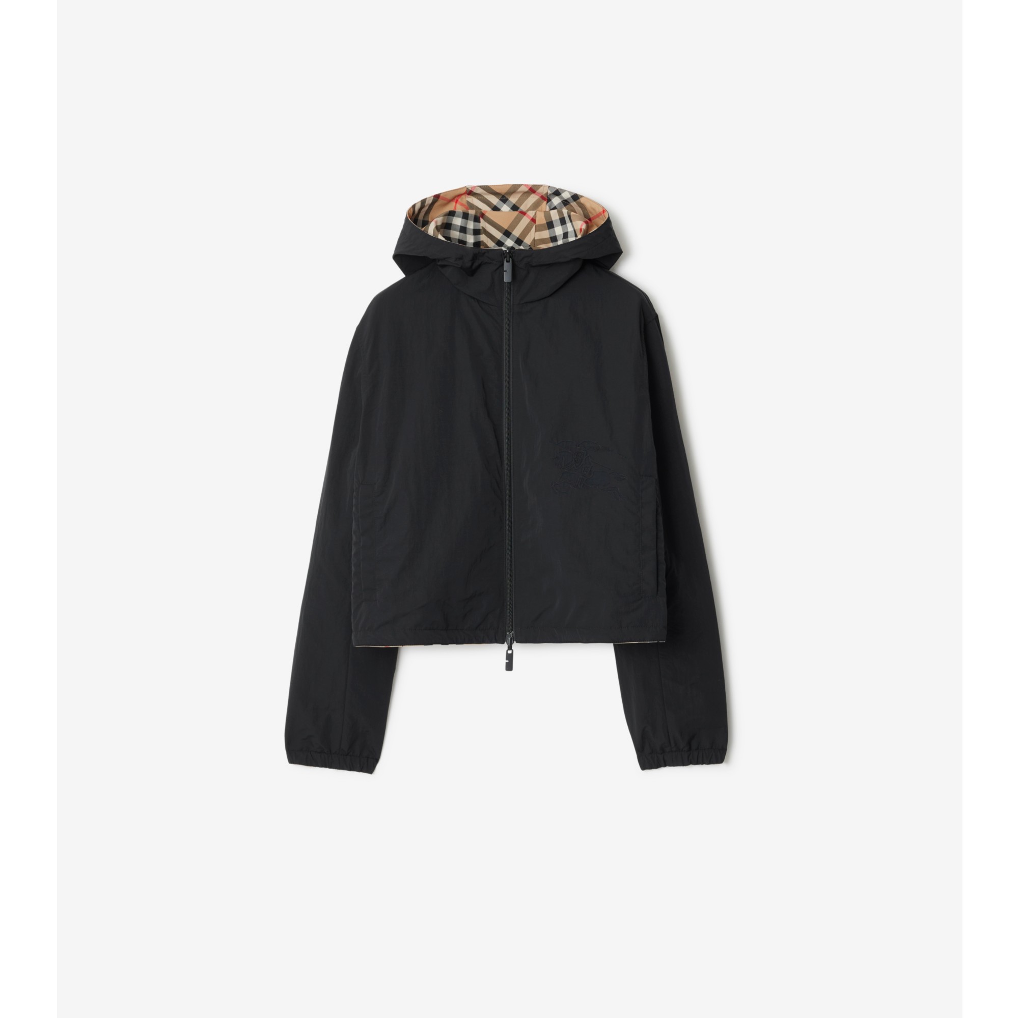 Cropped Reversible Check Hooded Jacket in Sand beige - Women