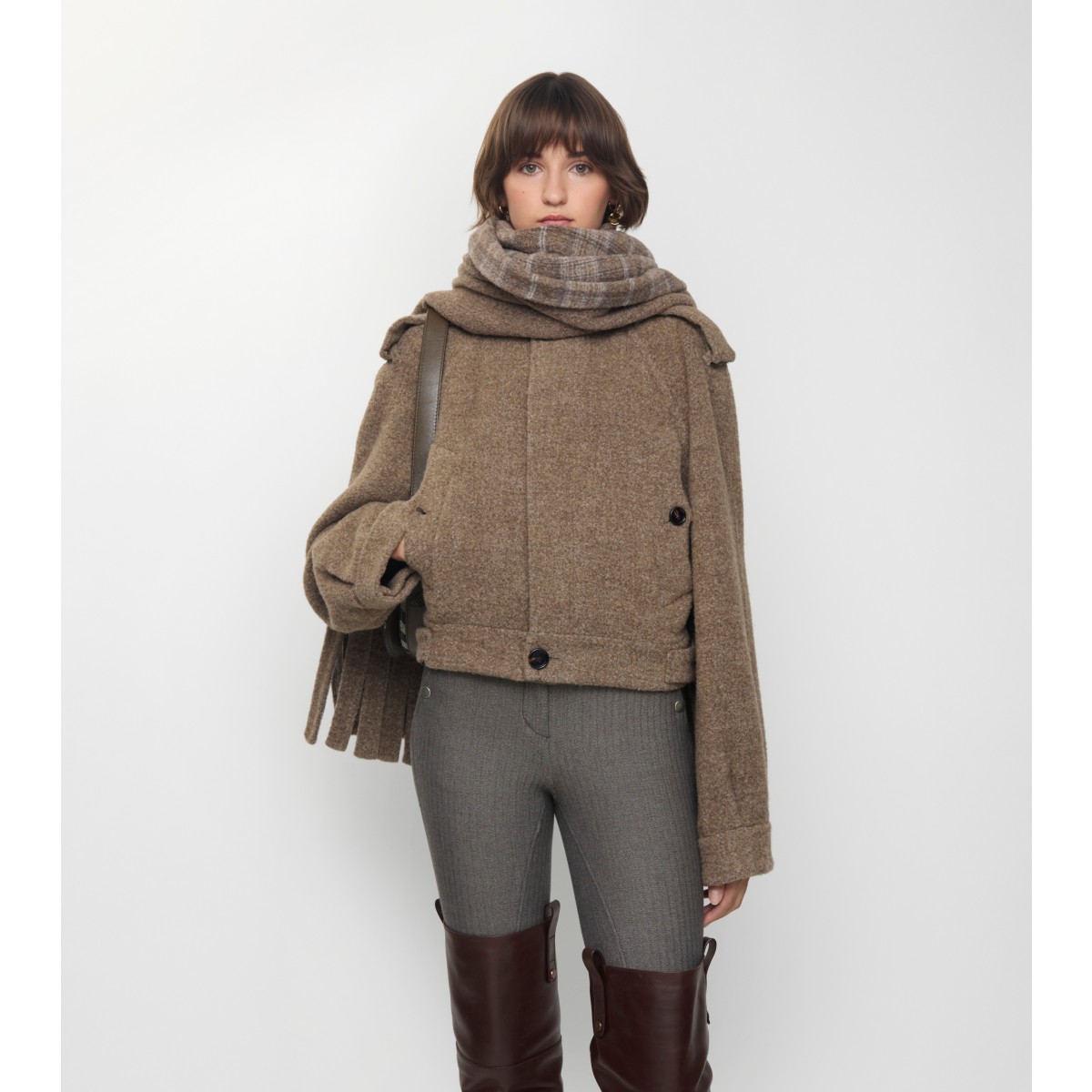  Check Detachable Scarf Wool Blend Jacket