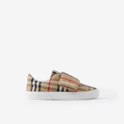 Burberry Childrens Check Cotton Trainers In Archive Beige