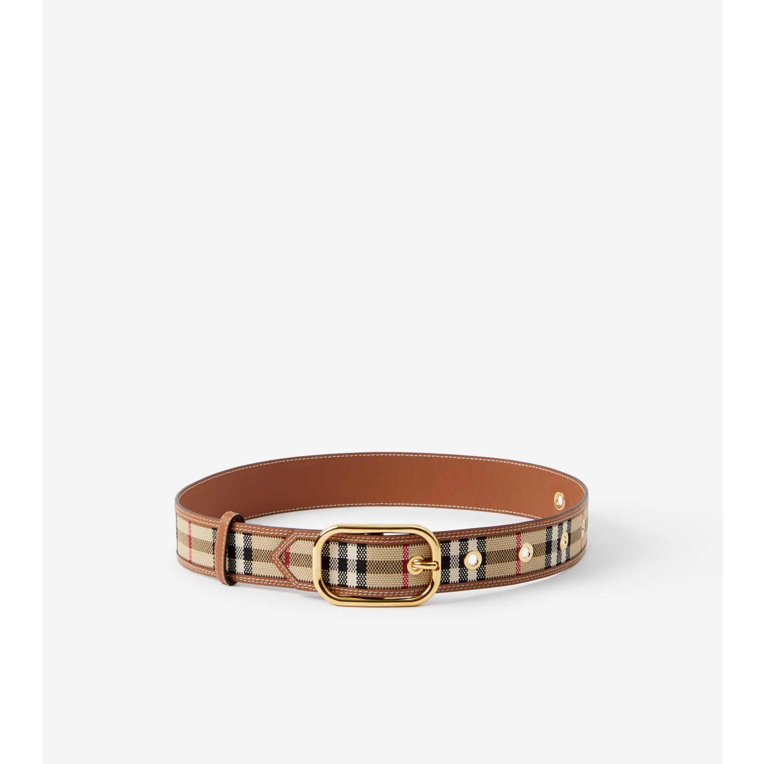 Check and Leather Belt in Archive beige gold Women Burberry