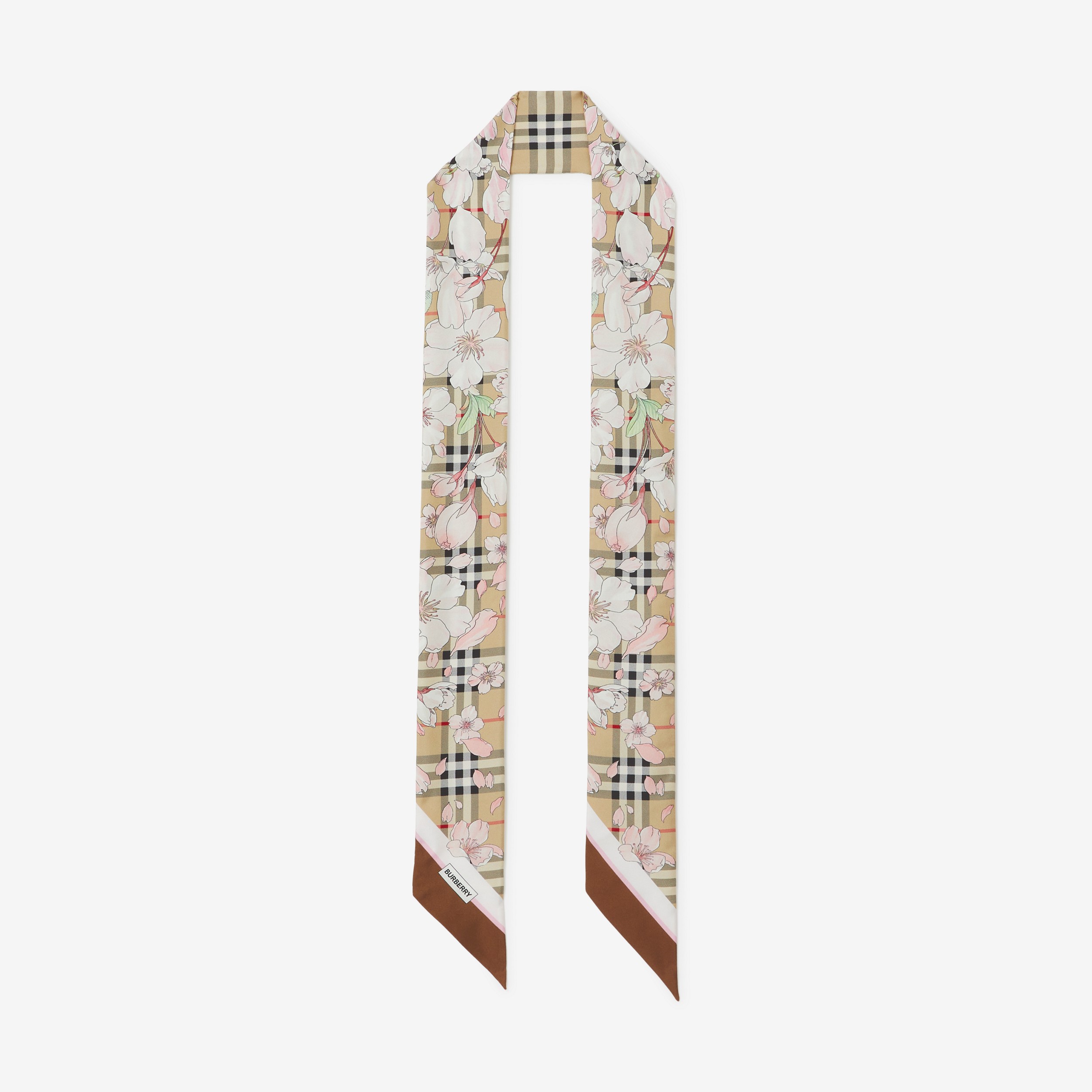 Pañuelo estrecho en seda a cuadros con estampado floral (Beige Vintage) | Burberry® oficial - 1