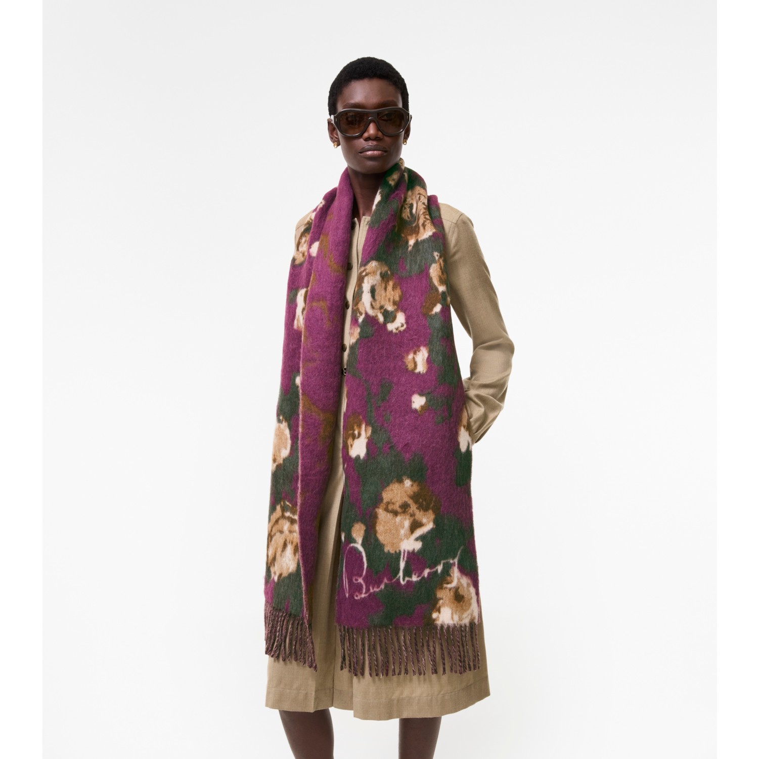 BURBERRY バーバリー 両面フリンジ ウール100 マフラー スカーフ ローズ アルパカウールブレンド スカーフ (プラムパープル) | Burberry
