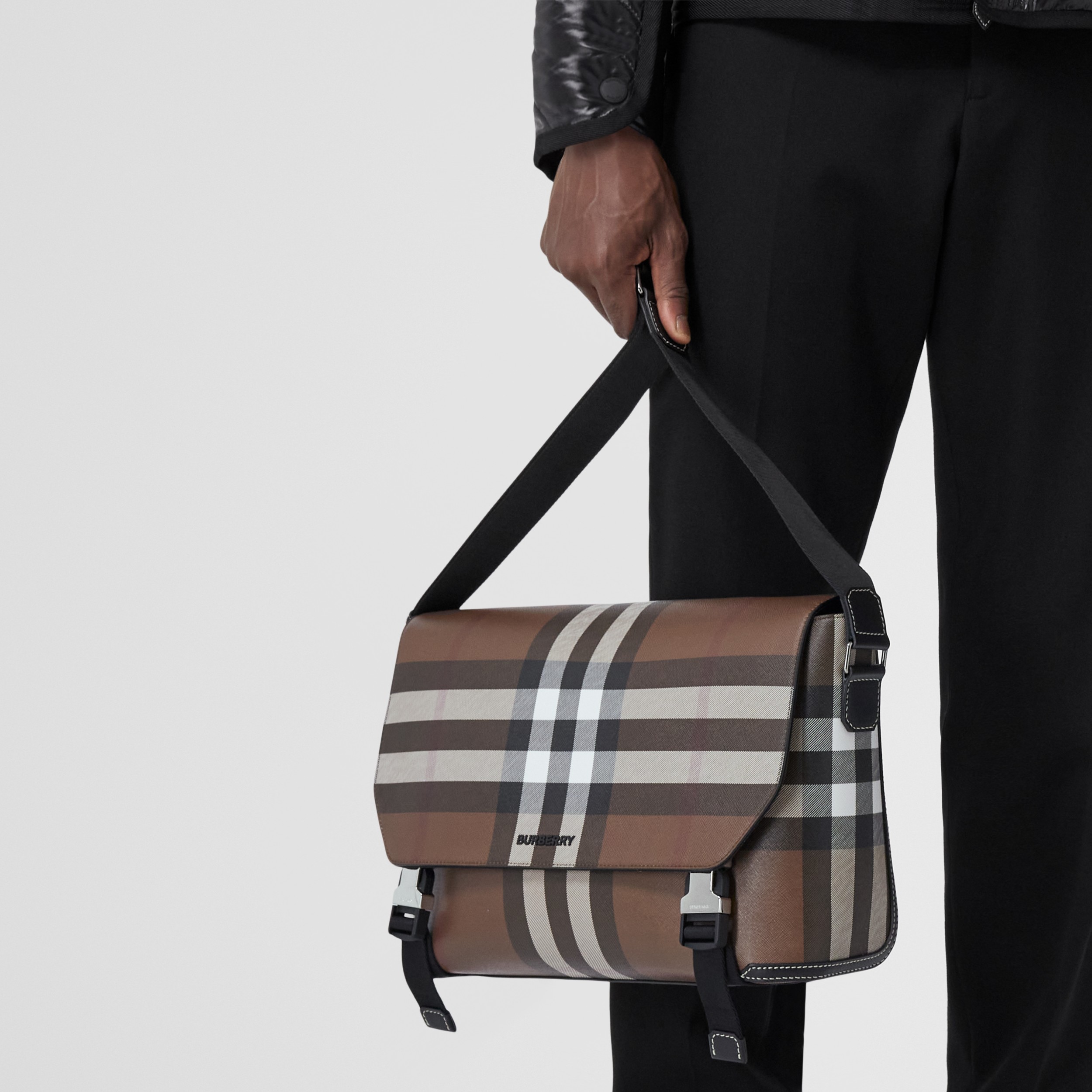 Exaggerated Check and Leather Large Messenger Bag in Dark Birch Brown Men Burberry® Official