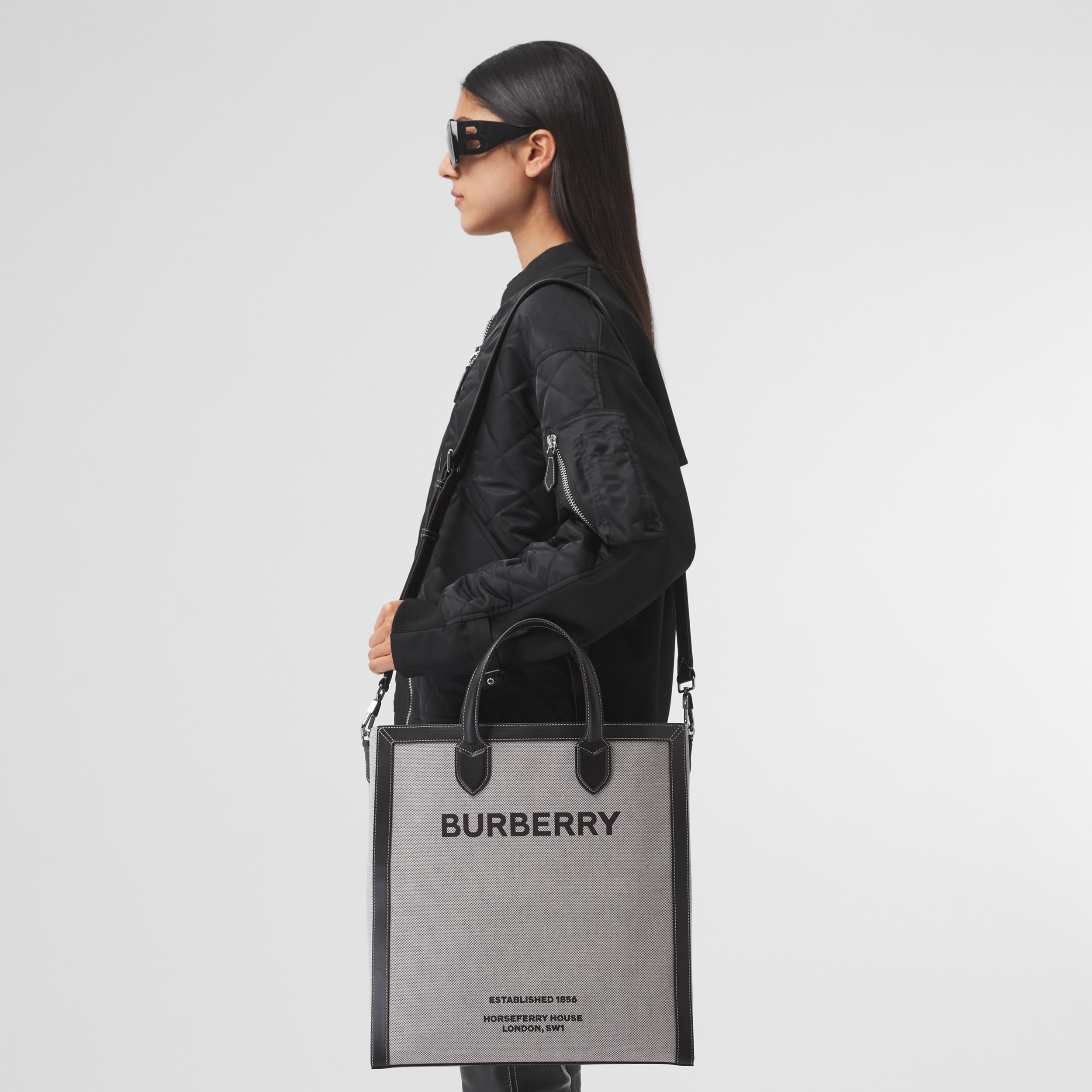 Horseferry Print Canvas and Leather Tote in Black Burberry United States