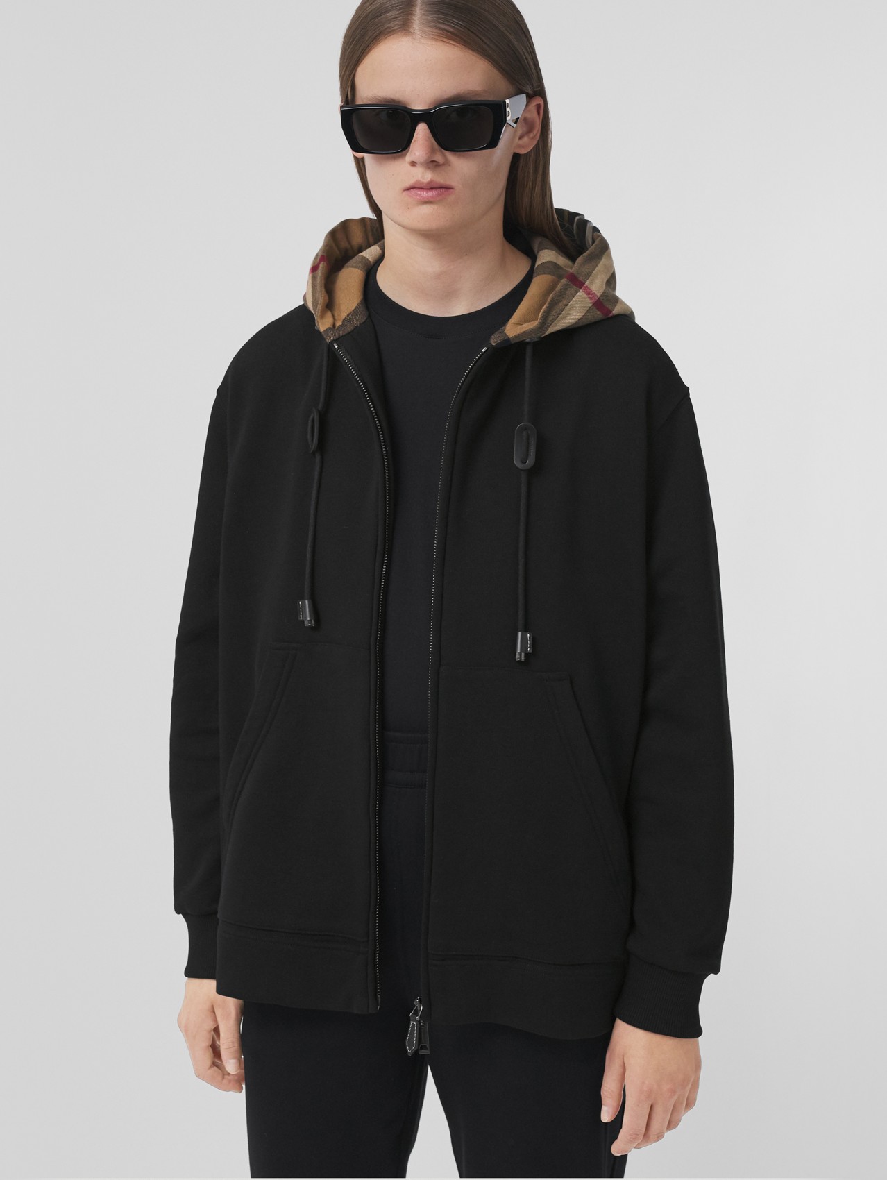 Check Hood Cotton Oversized Hooded Top in Black
