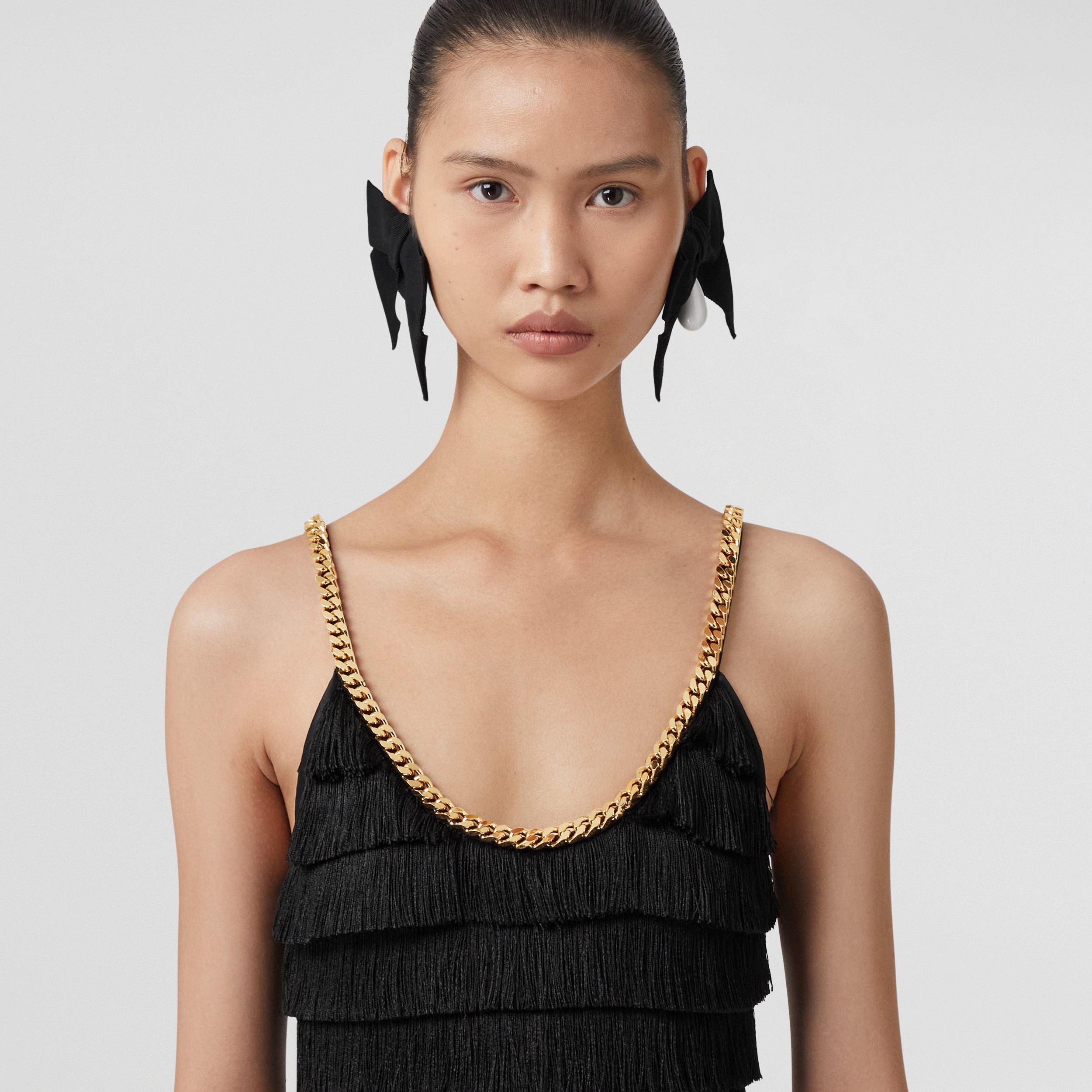 Chain Trim Fringed Sleeveless Dress in Black - Women | Burberry® Official - 2