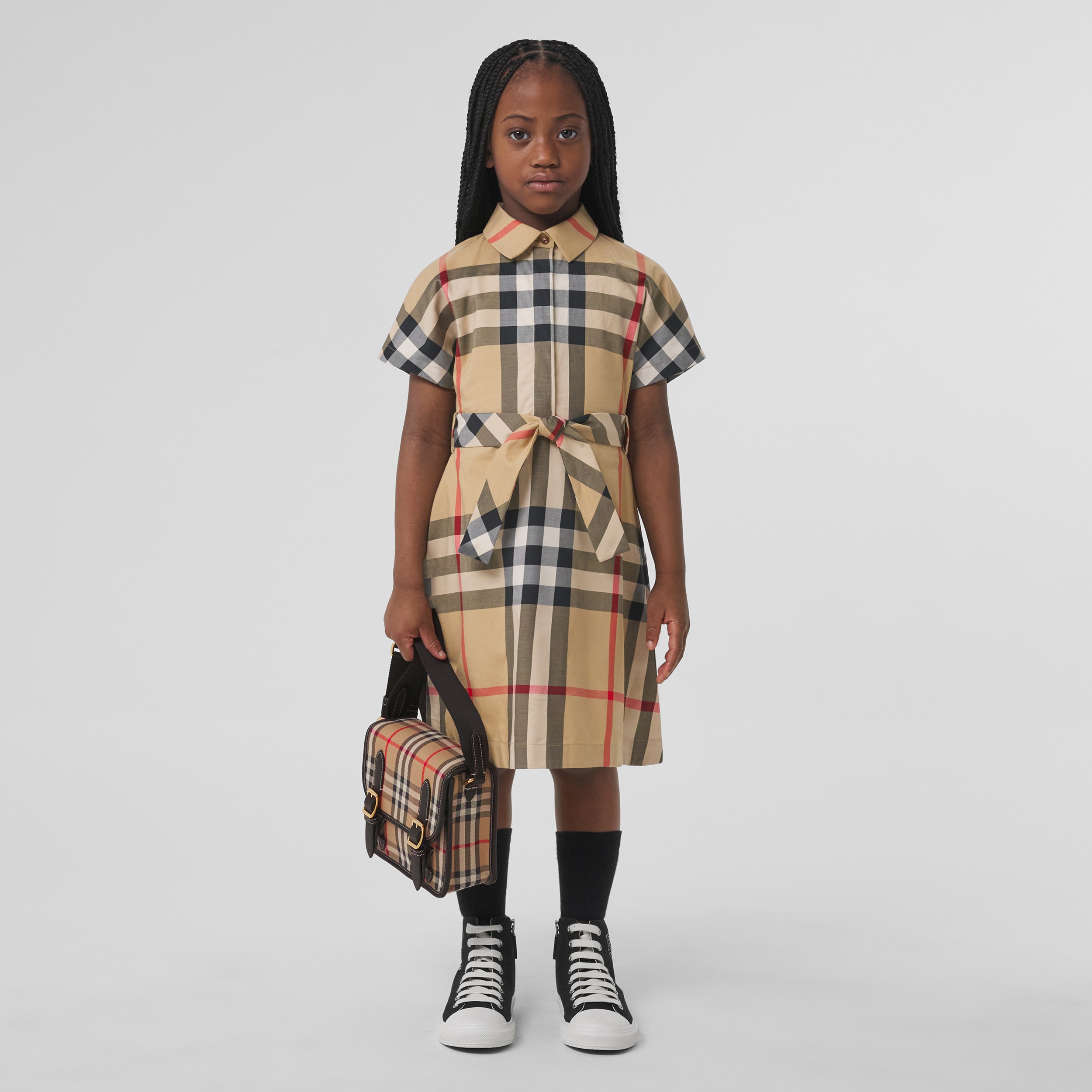 Check Stretch Cotton Tie-waist Shirt Dress in Archive Beige | Burberry® Official - 3