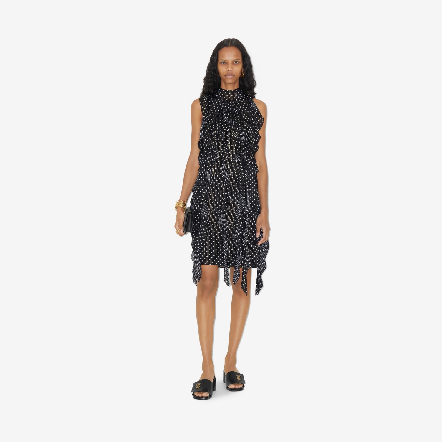 러플 폴카 도트 실크 시폰 드레스 (블랙) - 여성 | Burberry®