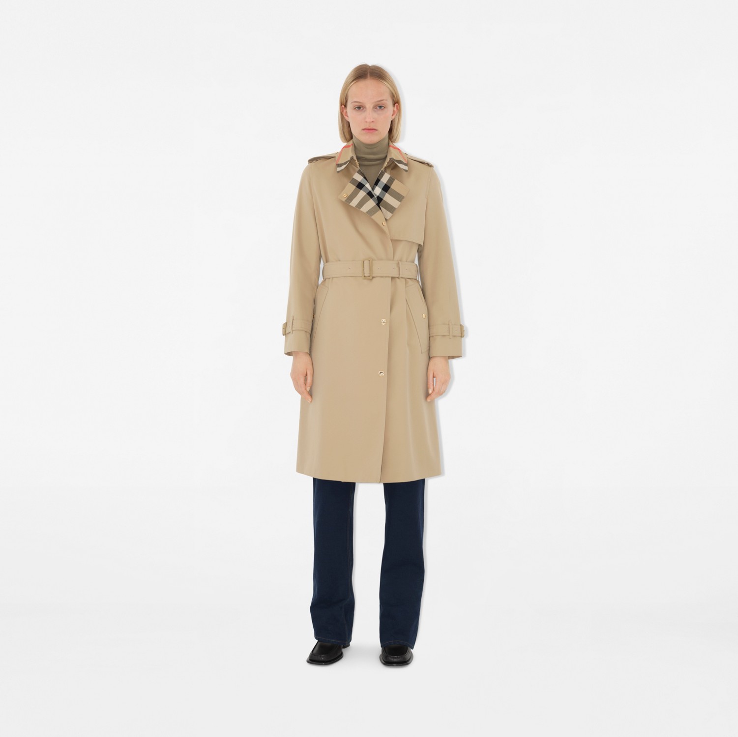 Trench lungo in gabardine con revers Check