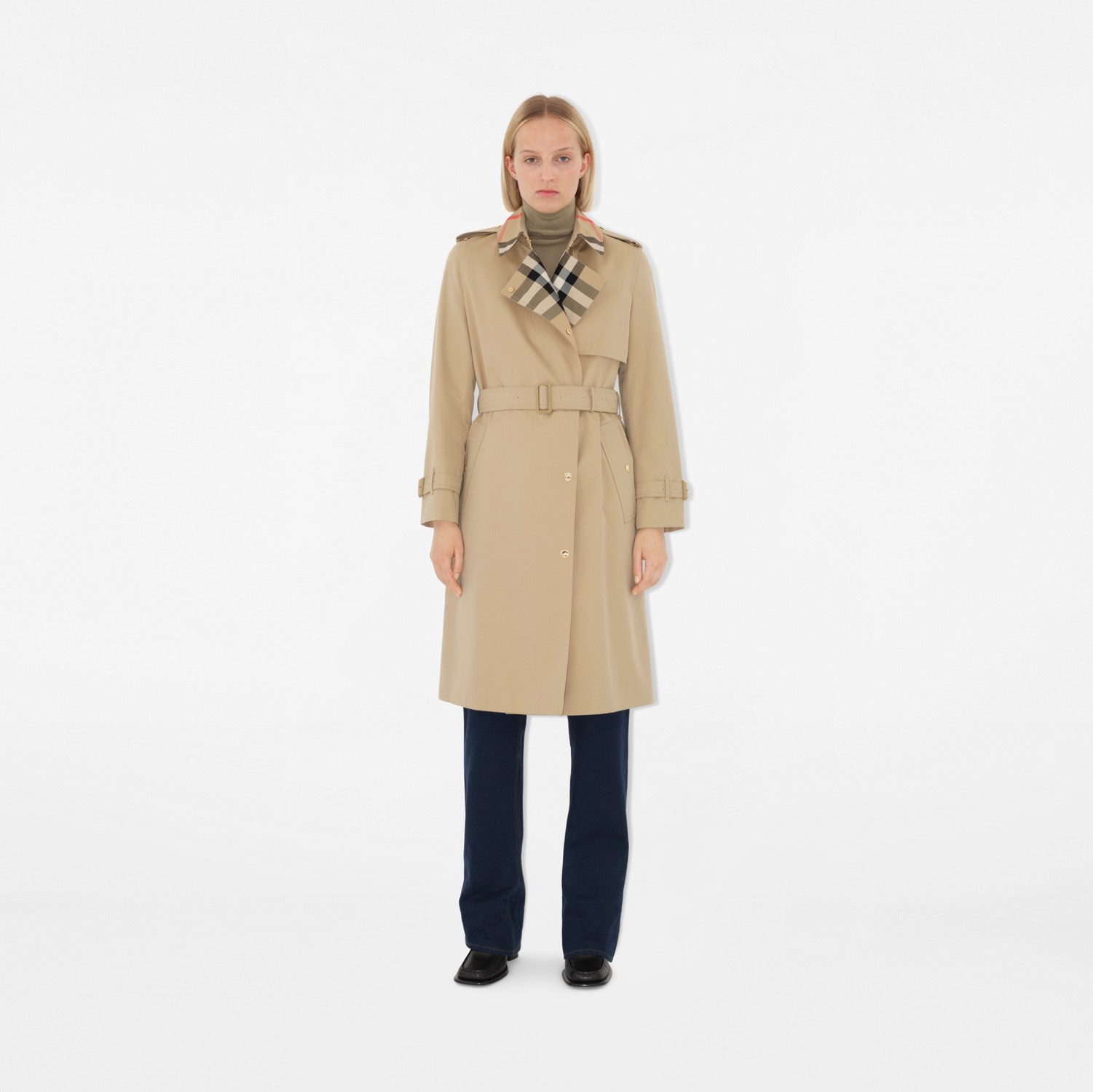 Trench coat de gabardine com lapelas em Check longo