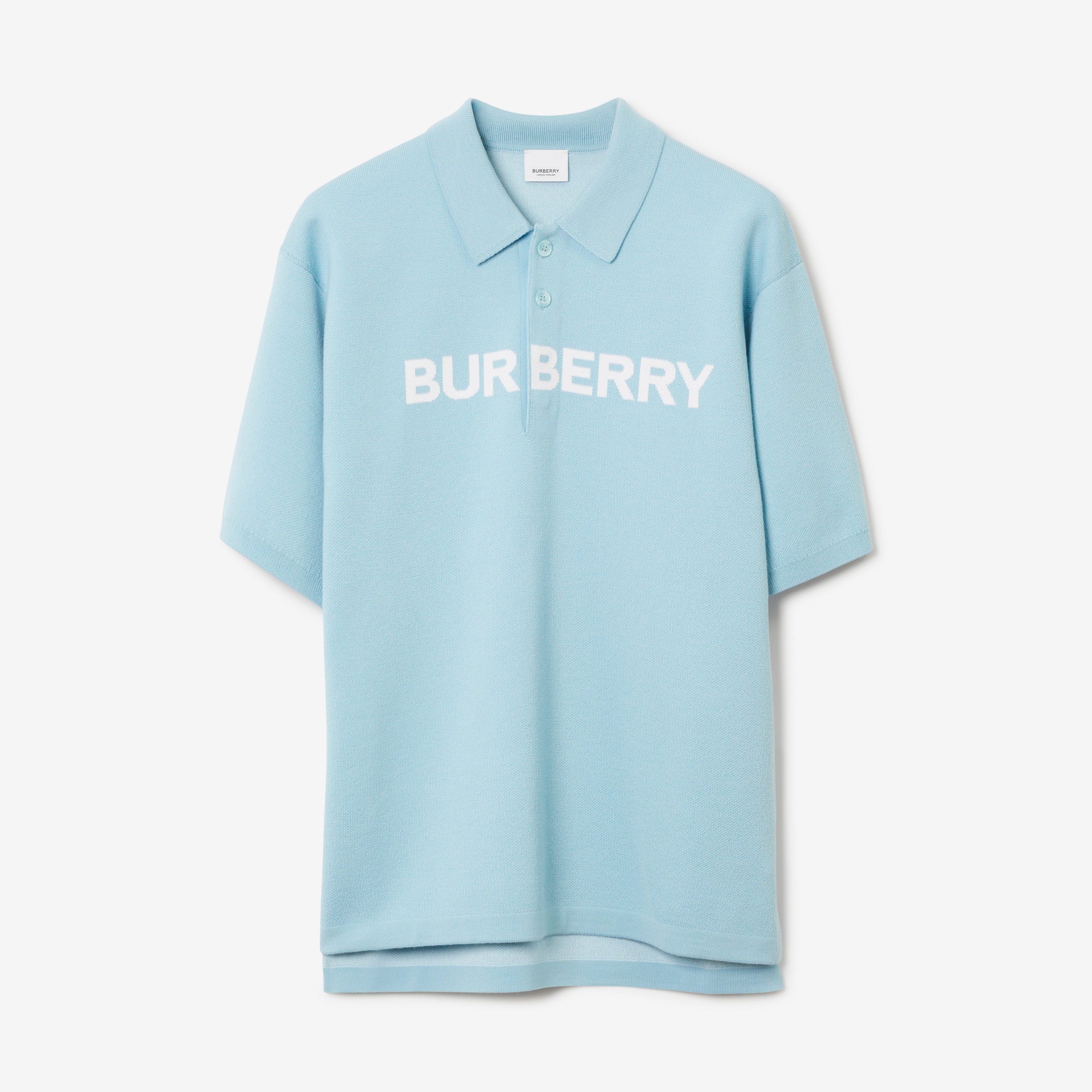 Logo Detail Wool Cotton Polo Shirt in Duck Egg Blue - Men | Burberry® Official - 1