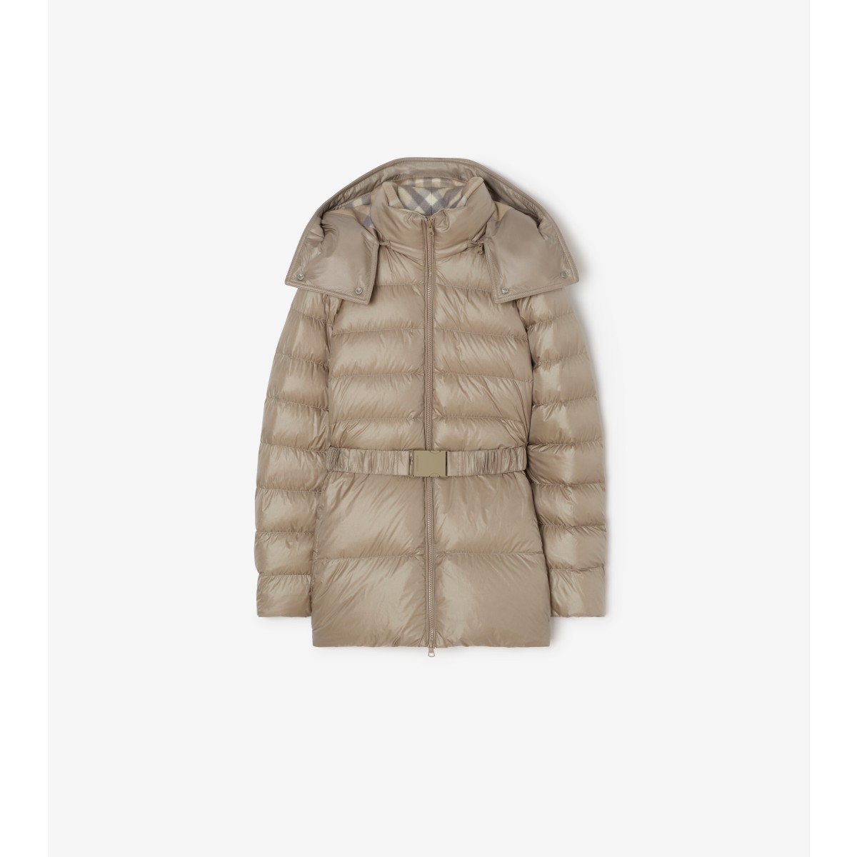  Check Short Nylon Hooded Puffer Coat