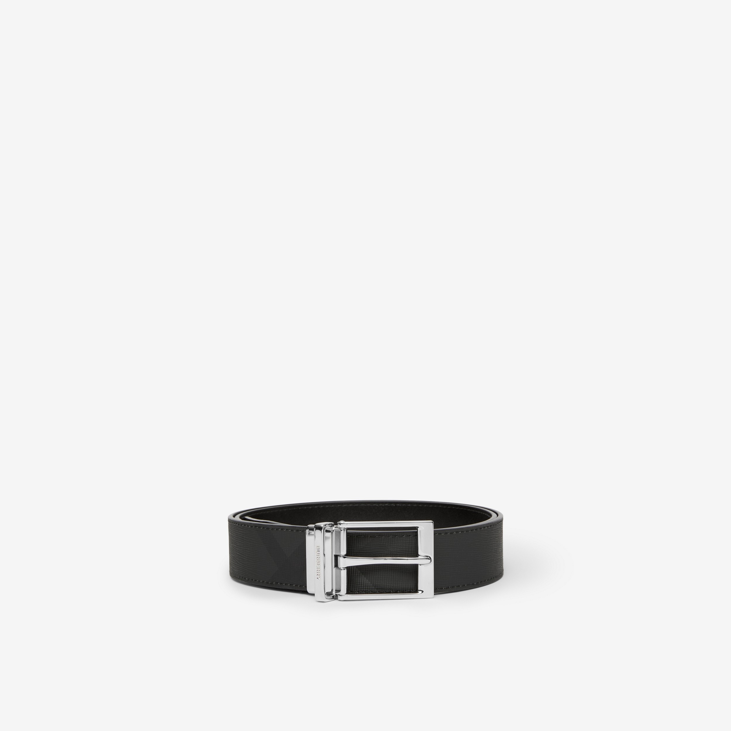 Check and Leather Reversible Belt in Charcoal/silver - Men | Burberry® Official - 1